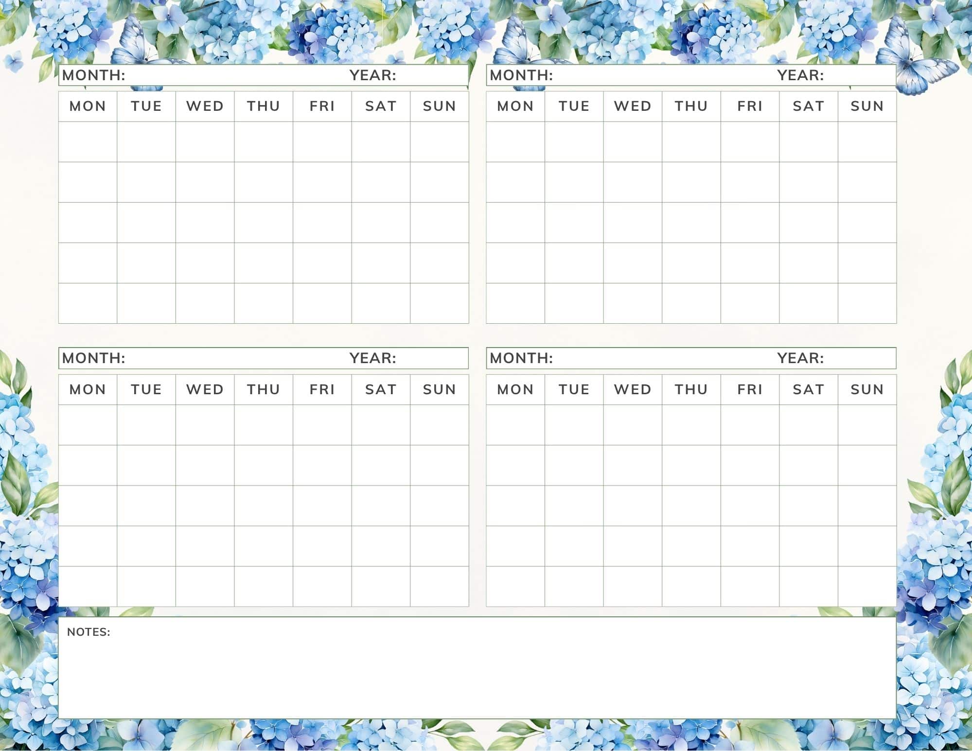 Blue hydrangea design 4 month calendar template.