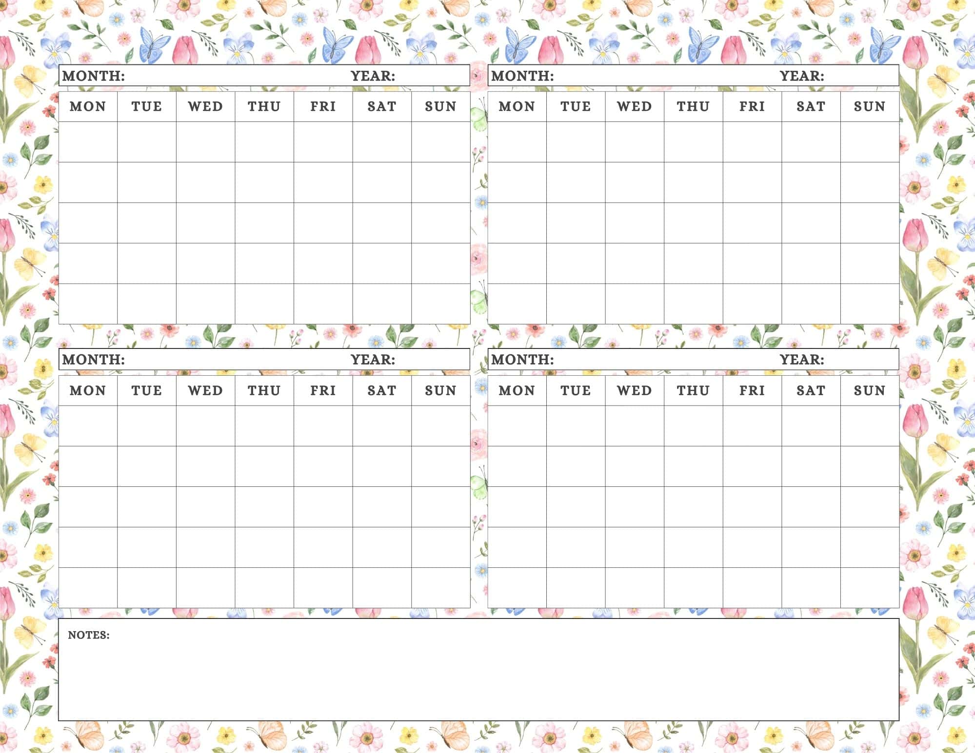 4 month calendar printable in botanic design.