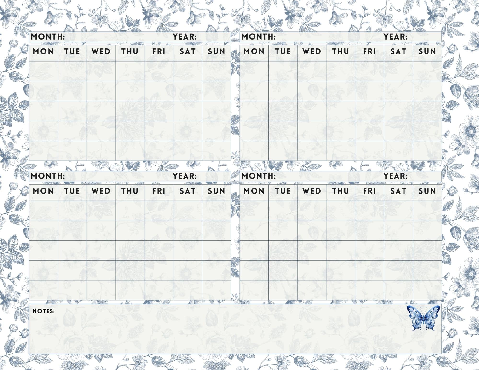 Blue chinoiserie themed four month calendar template.
