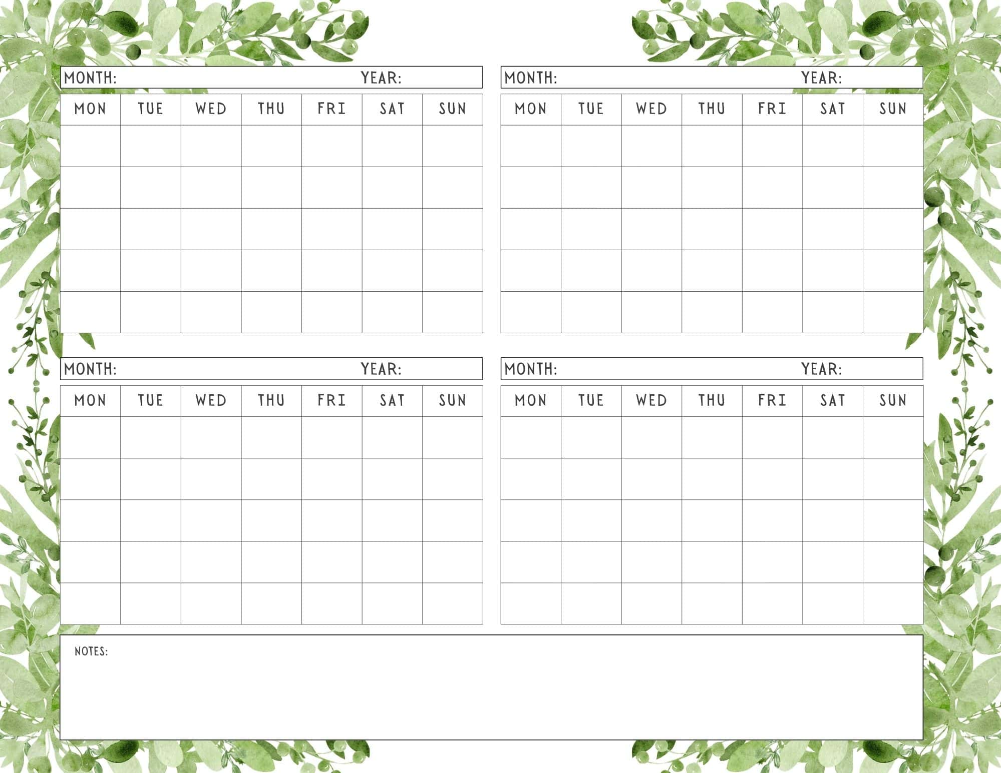 Monthly calendar template in leaves design.