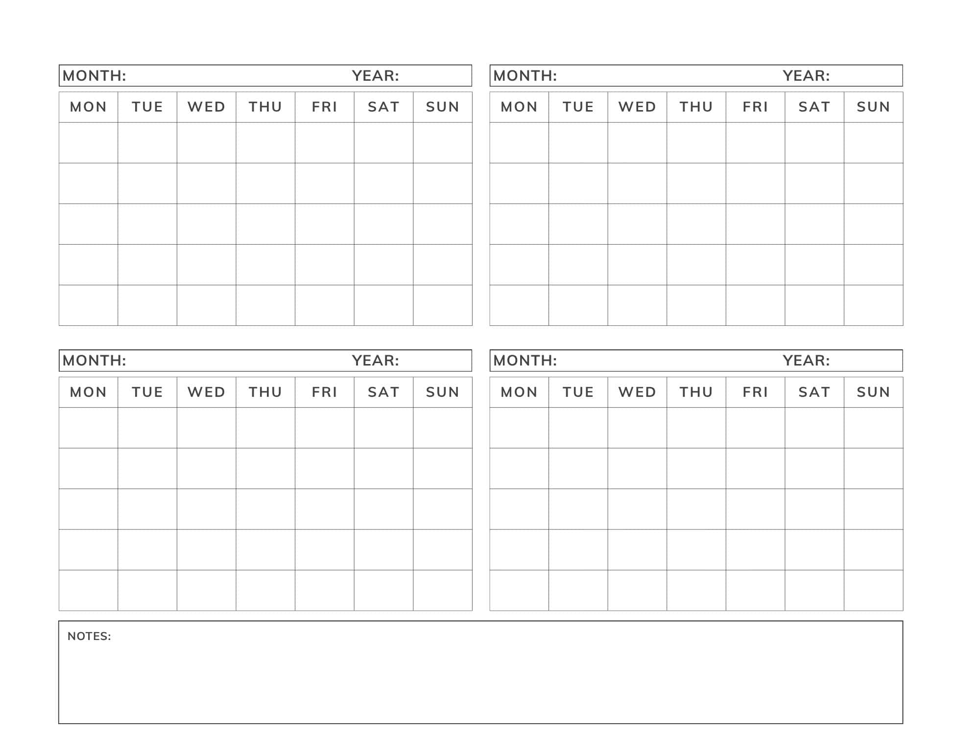 Minimalist printable 4 month calendar template.
