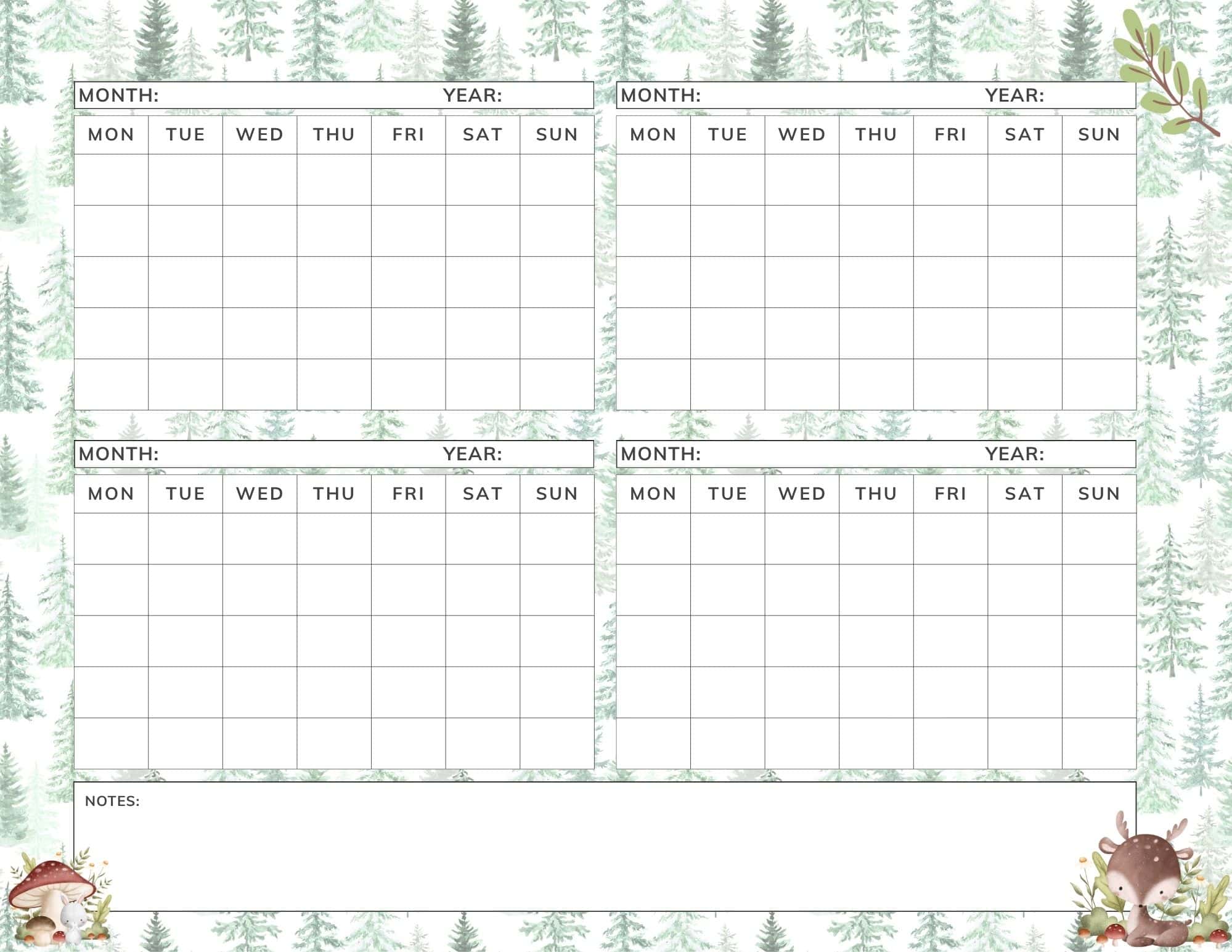 4 month calendar template in winter wonderland theme.