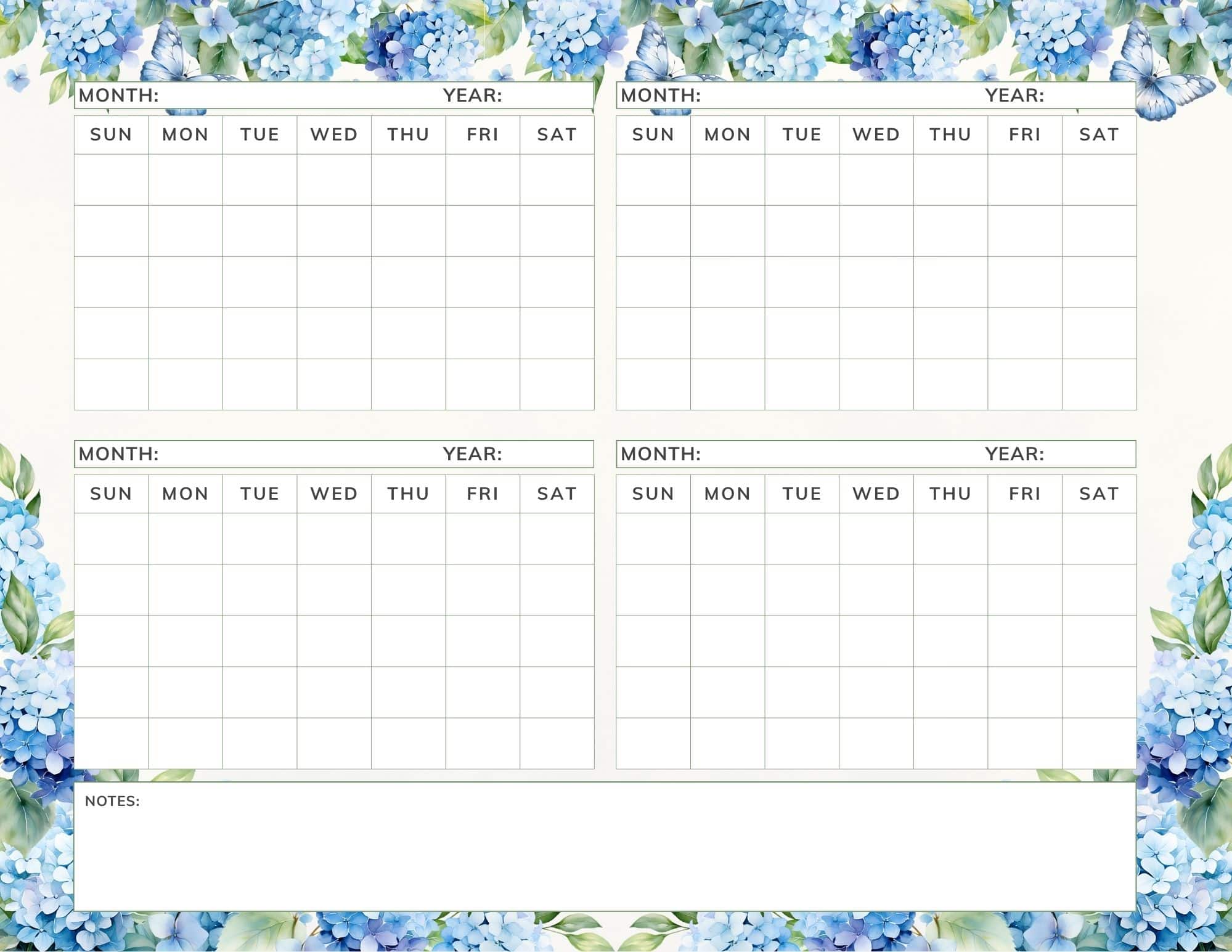 Blue hydrangea design 4 month calendar template.