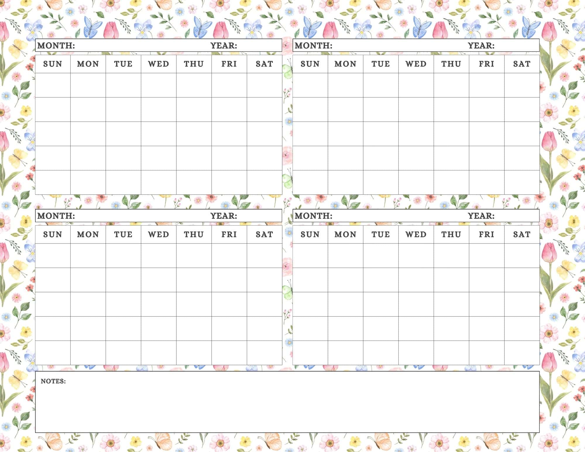 4 month calendar printable in botanic design.