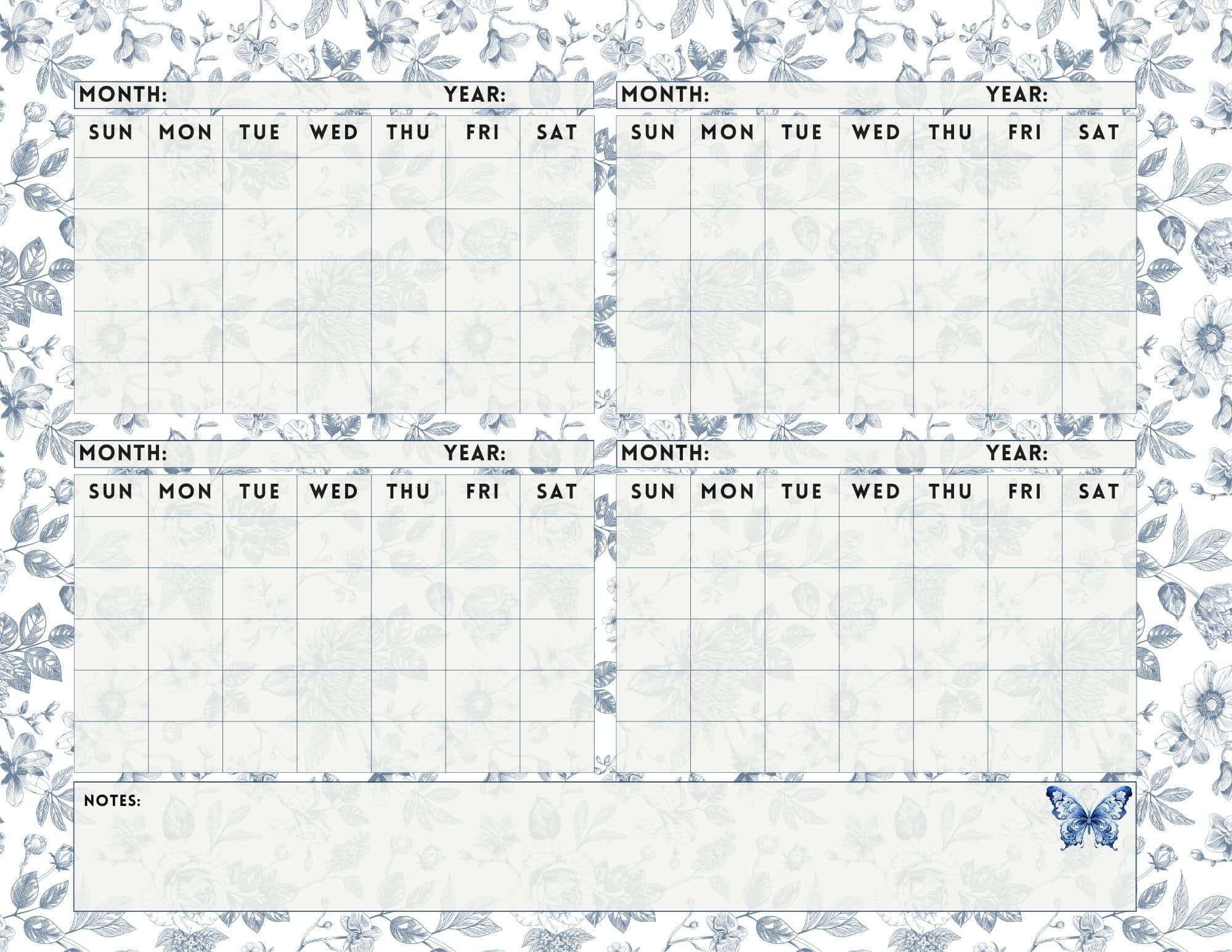 Blue chinoiserie themed four month calendar template.