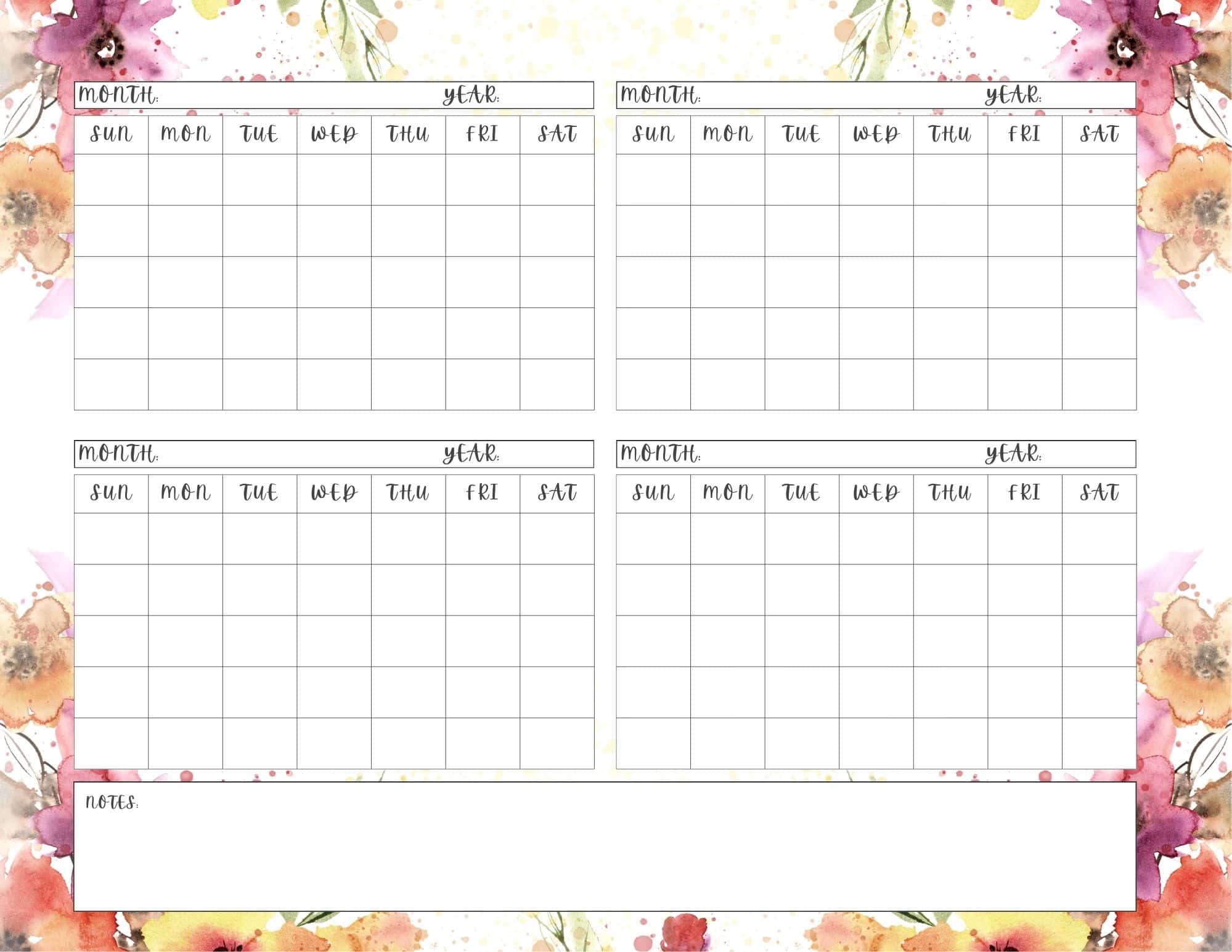 4 month calendar template in watercolor floral design.