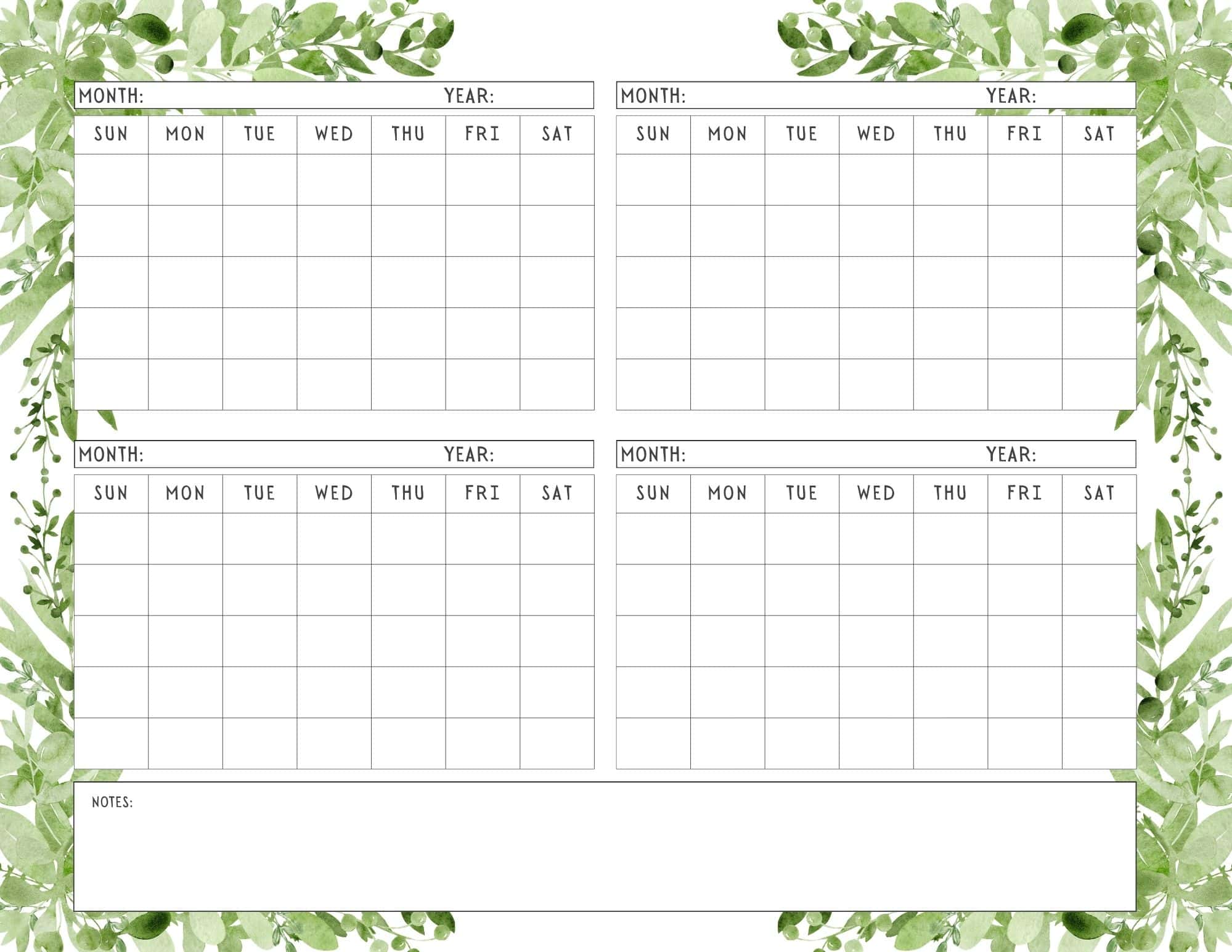 Monthly calendar template in leaves design.
