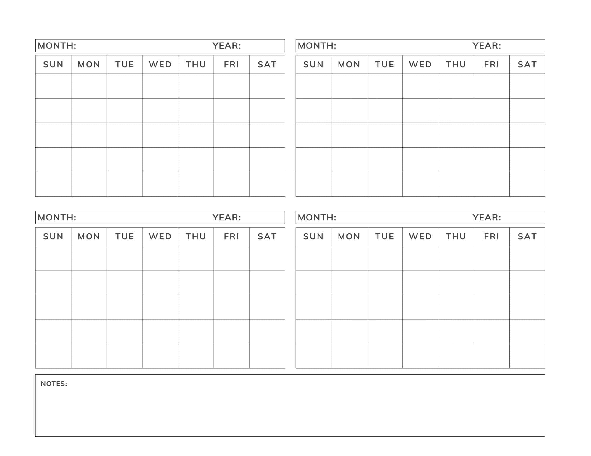Minimalist printable 4 month calendar template.