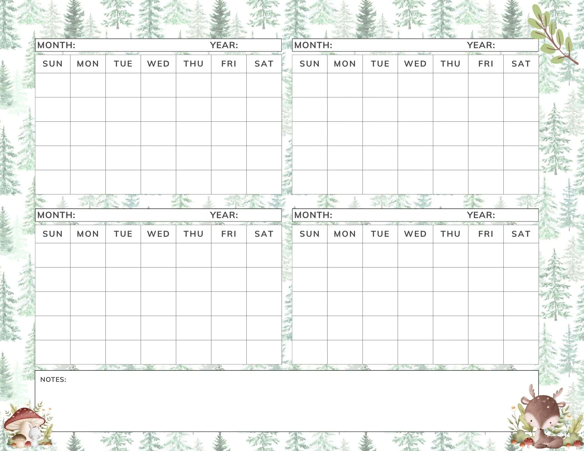 4 month calendar template in winter wonderland theme.