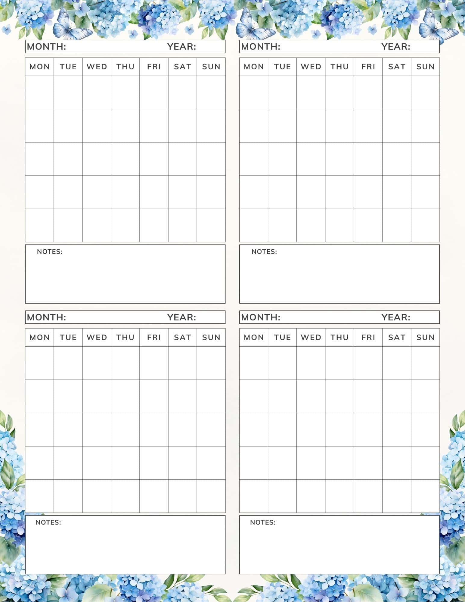 Blue hydrangea design 4 month calendar template.