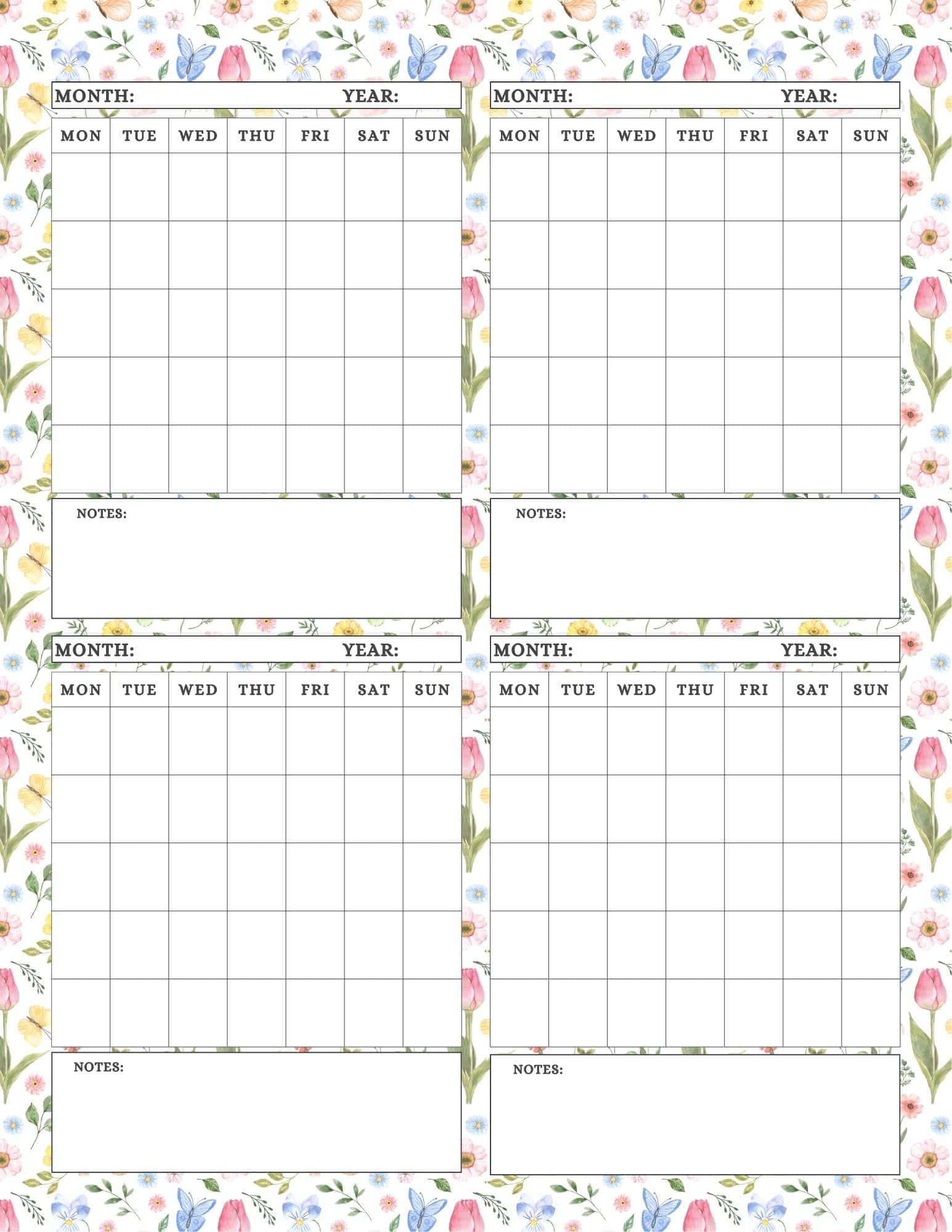 4 month calendar printable in botanic design.