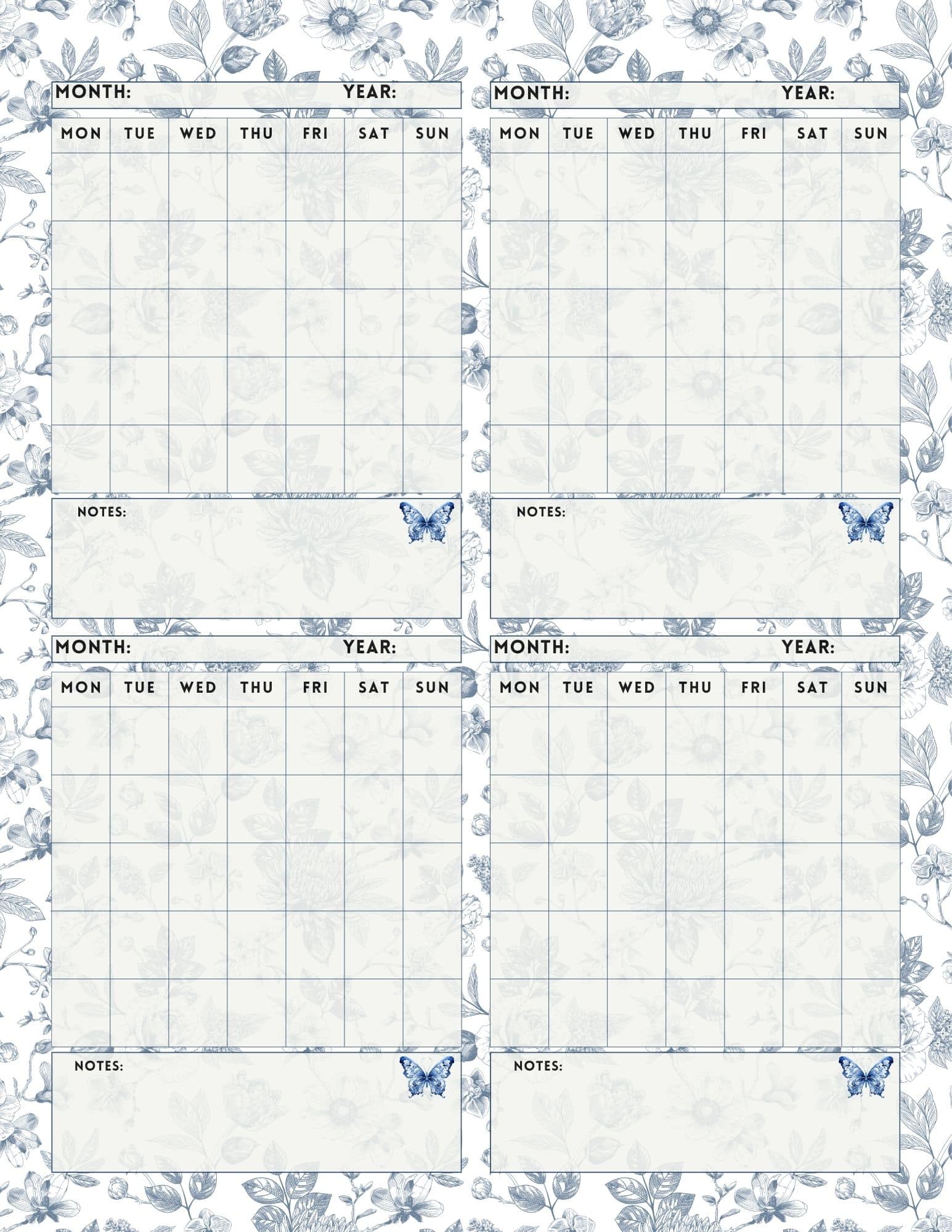 Blue chinoiserie themed four month calendar template.