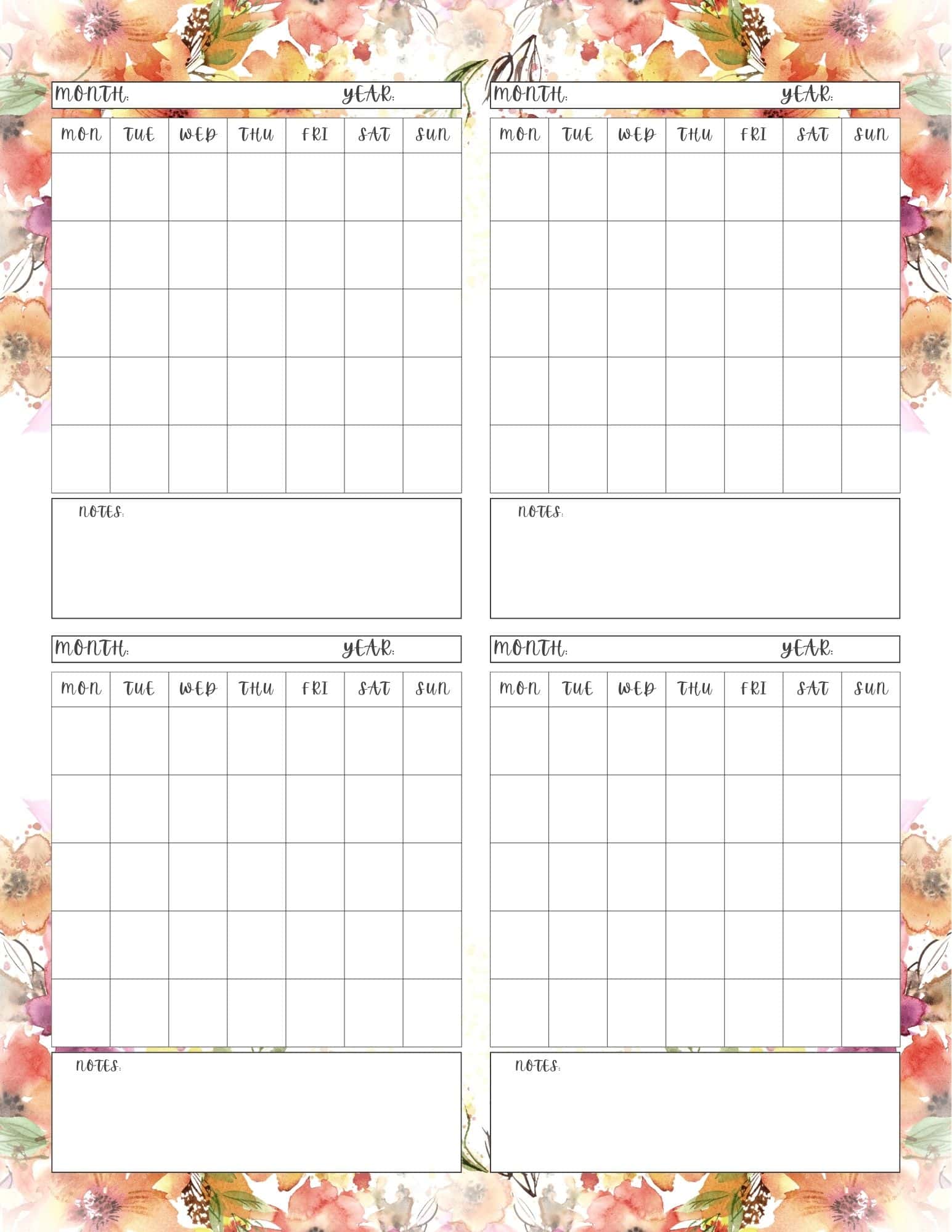 4 month calendar template in watercolor floral design.