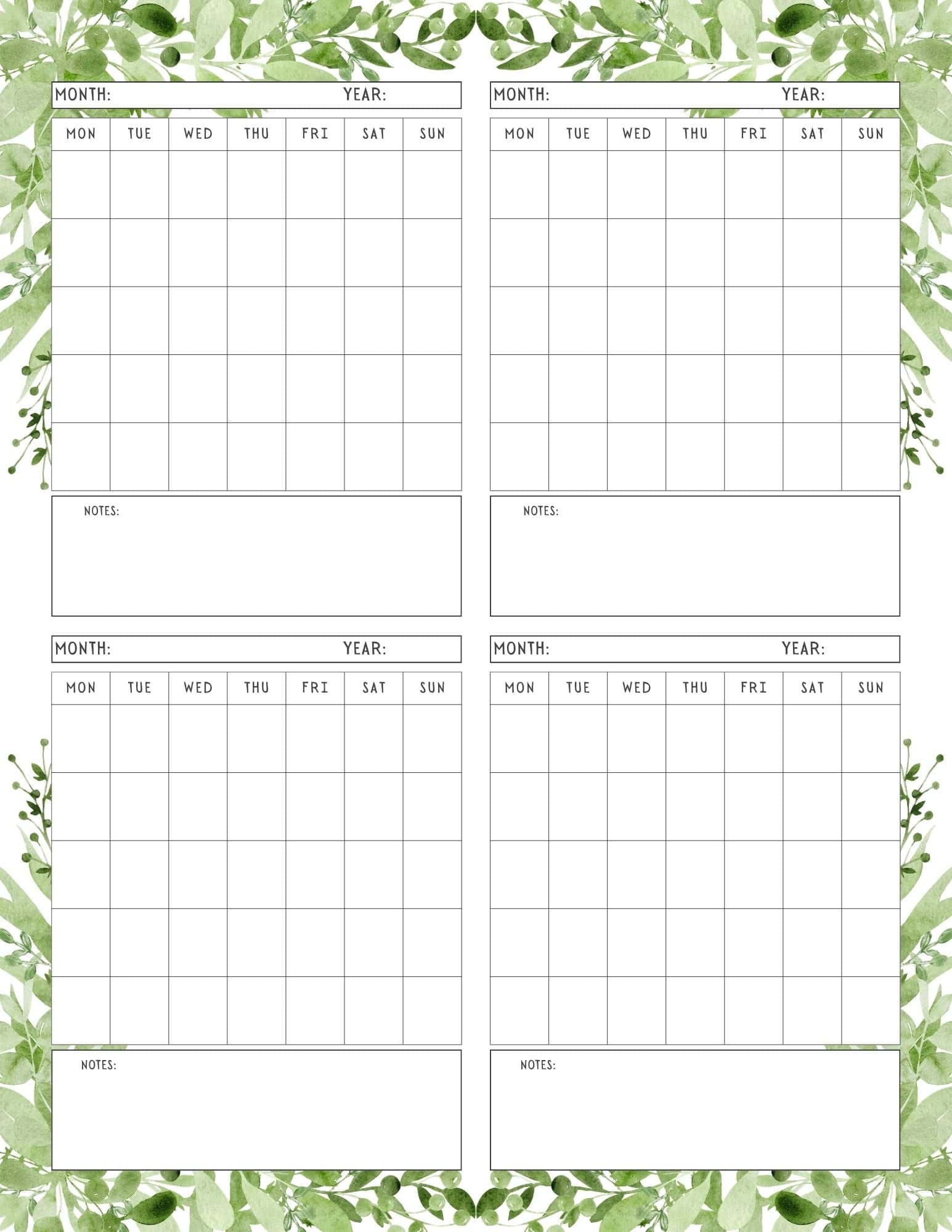 Monthly calendar template in leaves design.