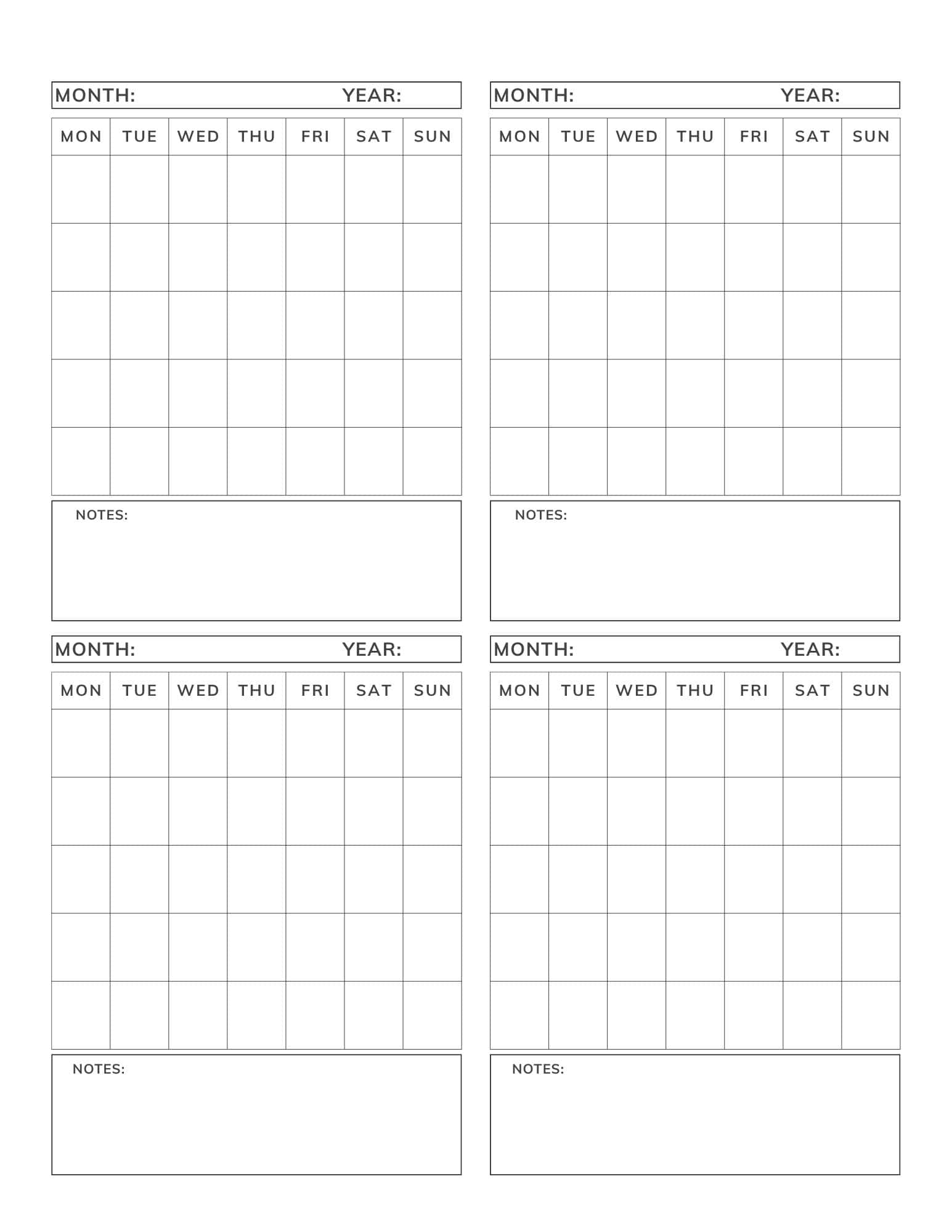 Minimalist printable 4 month calendar template.