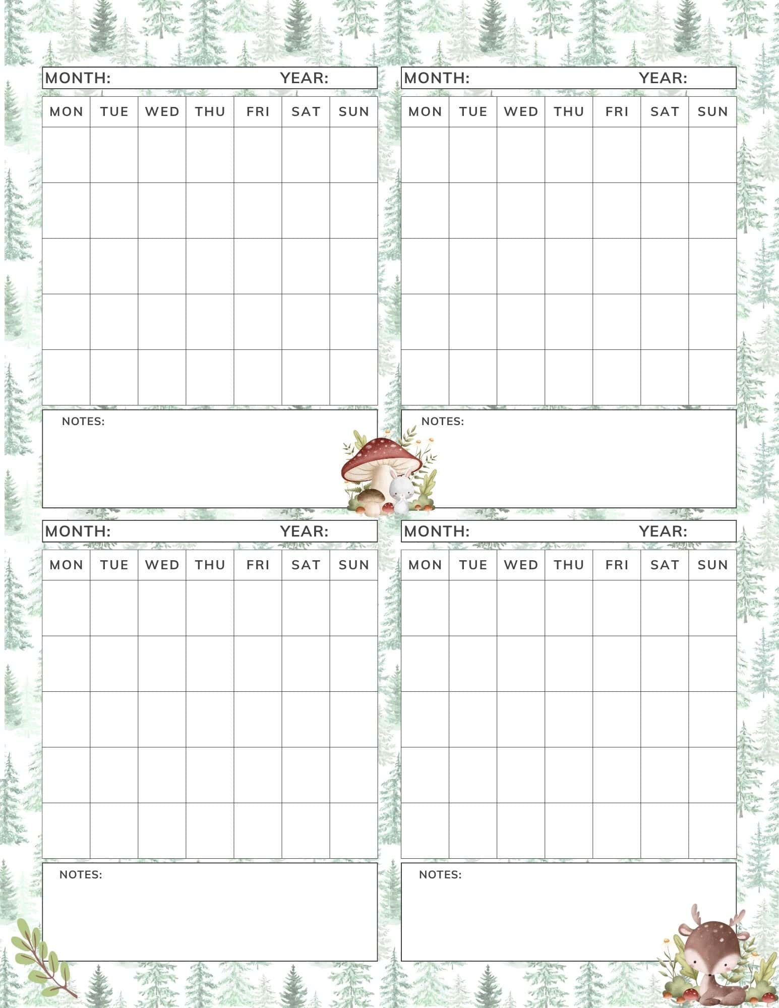 4 month calendar template in winter wonderland theme.