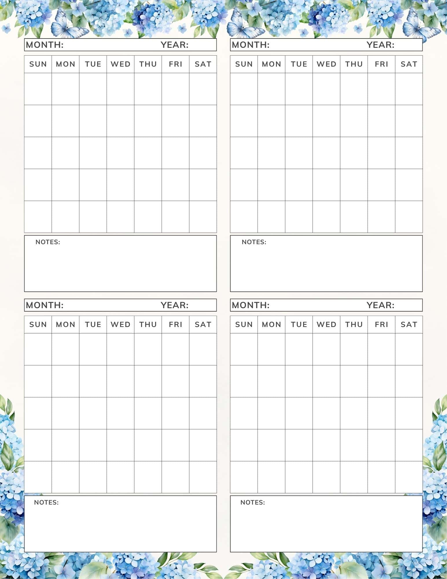 Blue hydrangea design 4 month calendar template.
