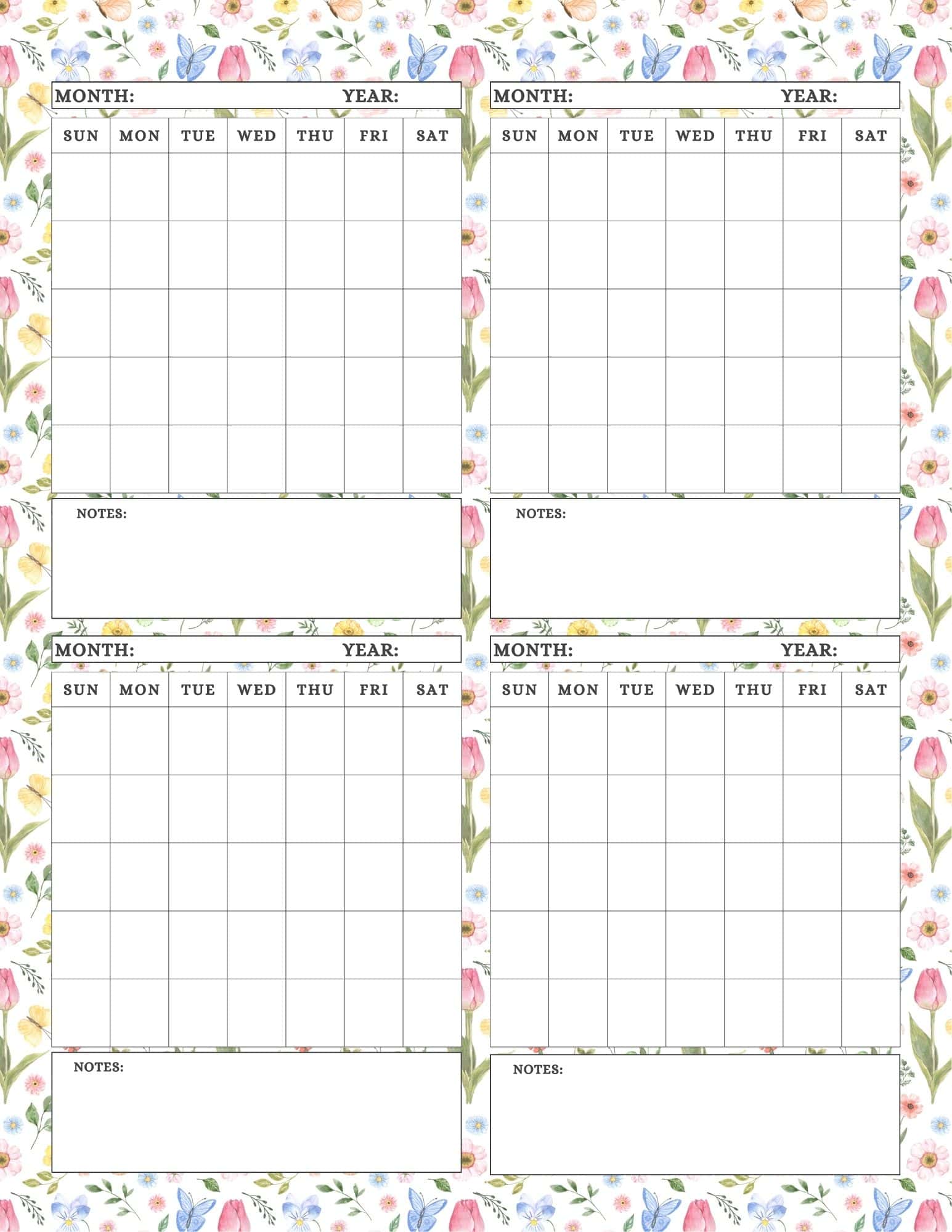 4 month calendar printable in botanic design.
