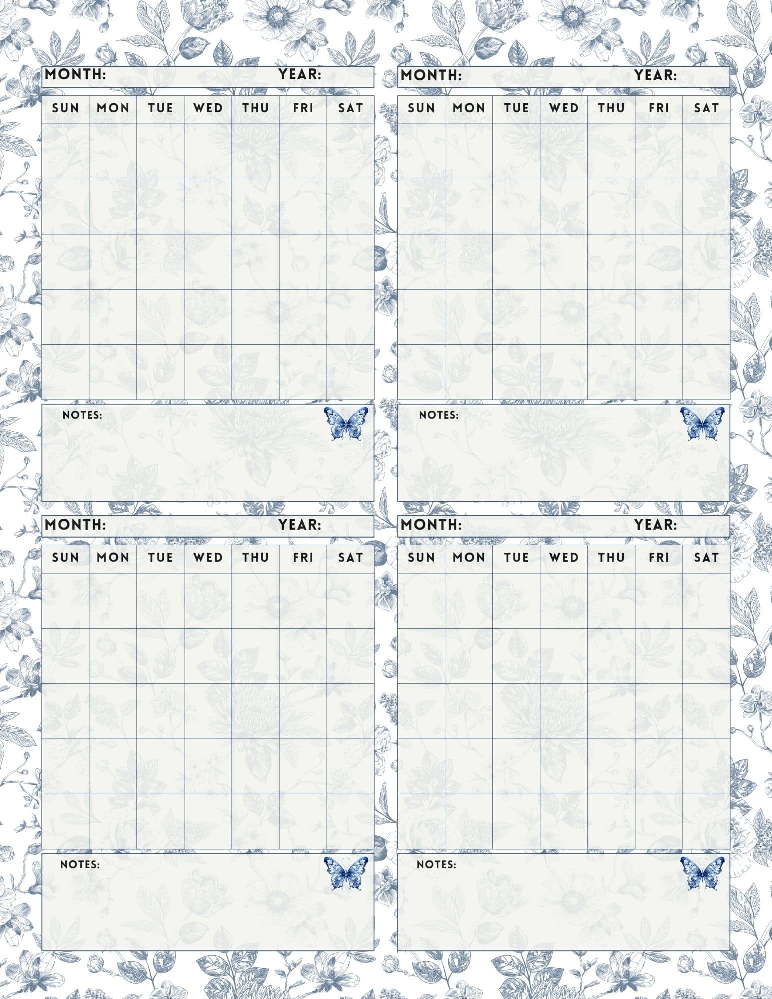 Blue chinoiserie themed four month calendar template.