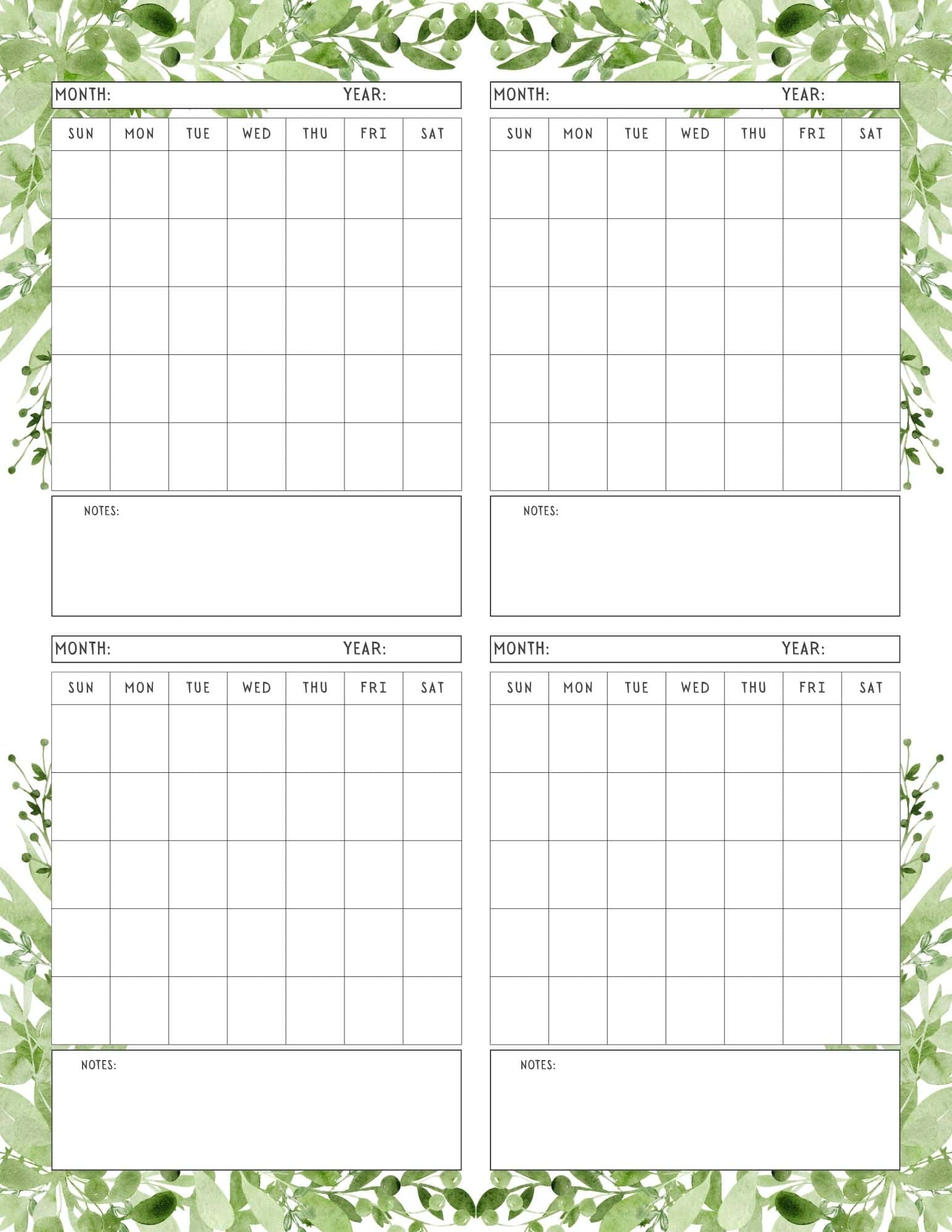 Monthly calendar template in leaves design.