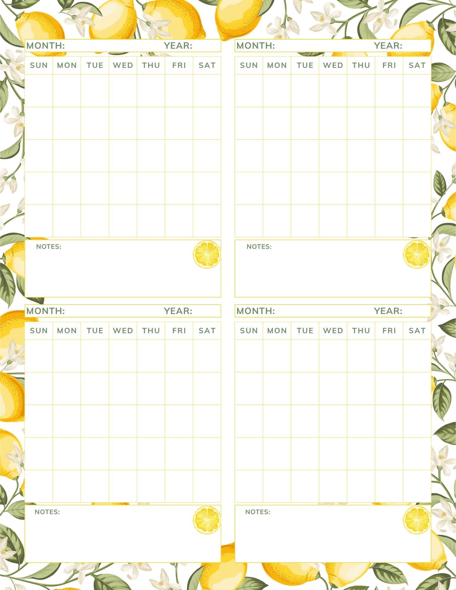 Lemons themed 4 month calendar template.