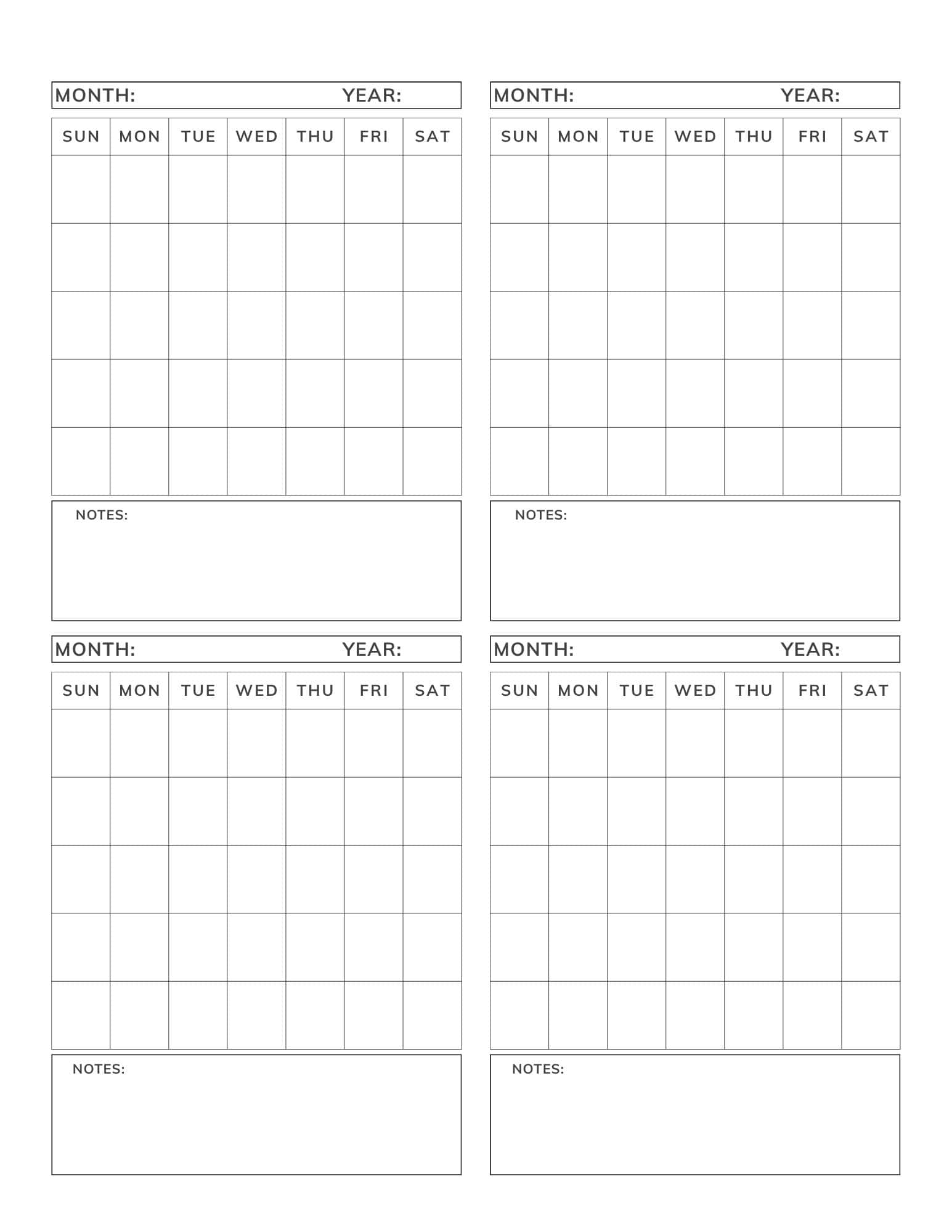 Minimalist printable 4 month calendar template.