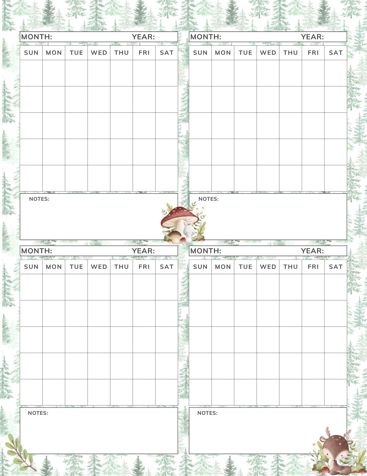 4 month calendar template in winter wonderland theme.
