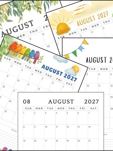 August 2027 calendar printable templates overlapping one another.
