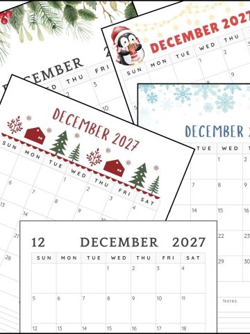December 2027 calendar printable templates overlapping on one another.