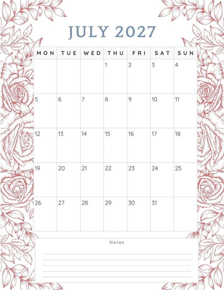 Red roses themed calendar design.
