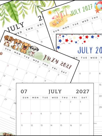 A stack of July 2027 calendar overlapping one another.