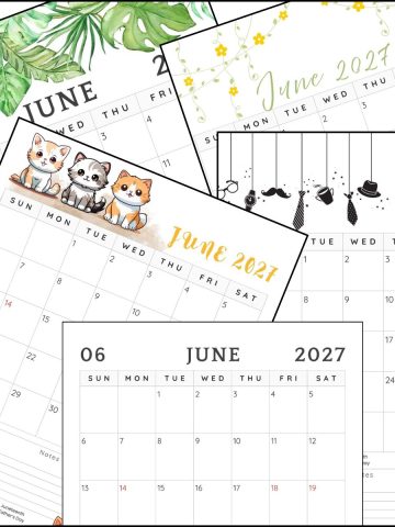 A stack of June 2027 calendar printable templates overlapping on one another.