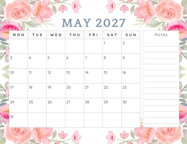 Rose calendar template for 2027.