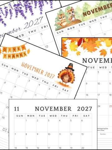 A stack of November 2027 calendars overlapping one another.