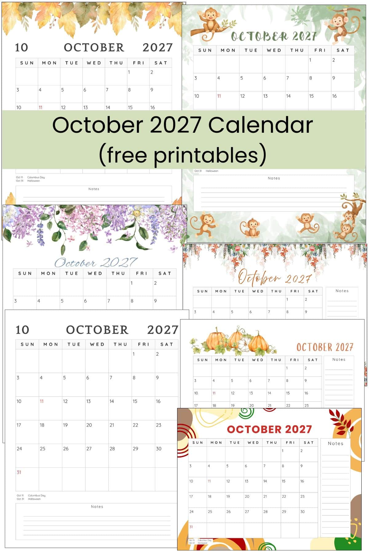 A stack of October 2027 calendar templates overlapping on one another.