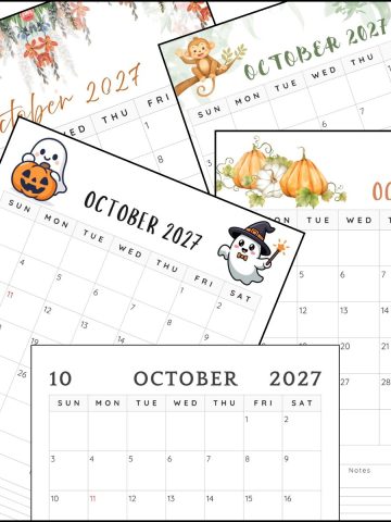 A stack of October 2027 calendar templates overlapping on one another.