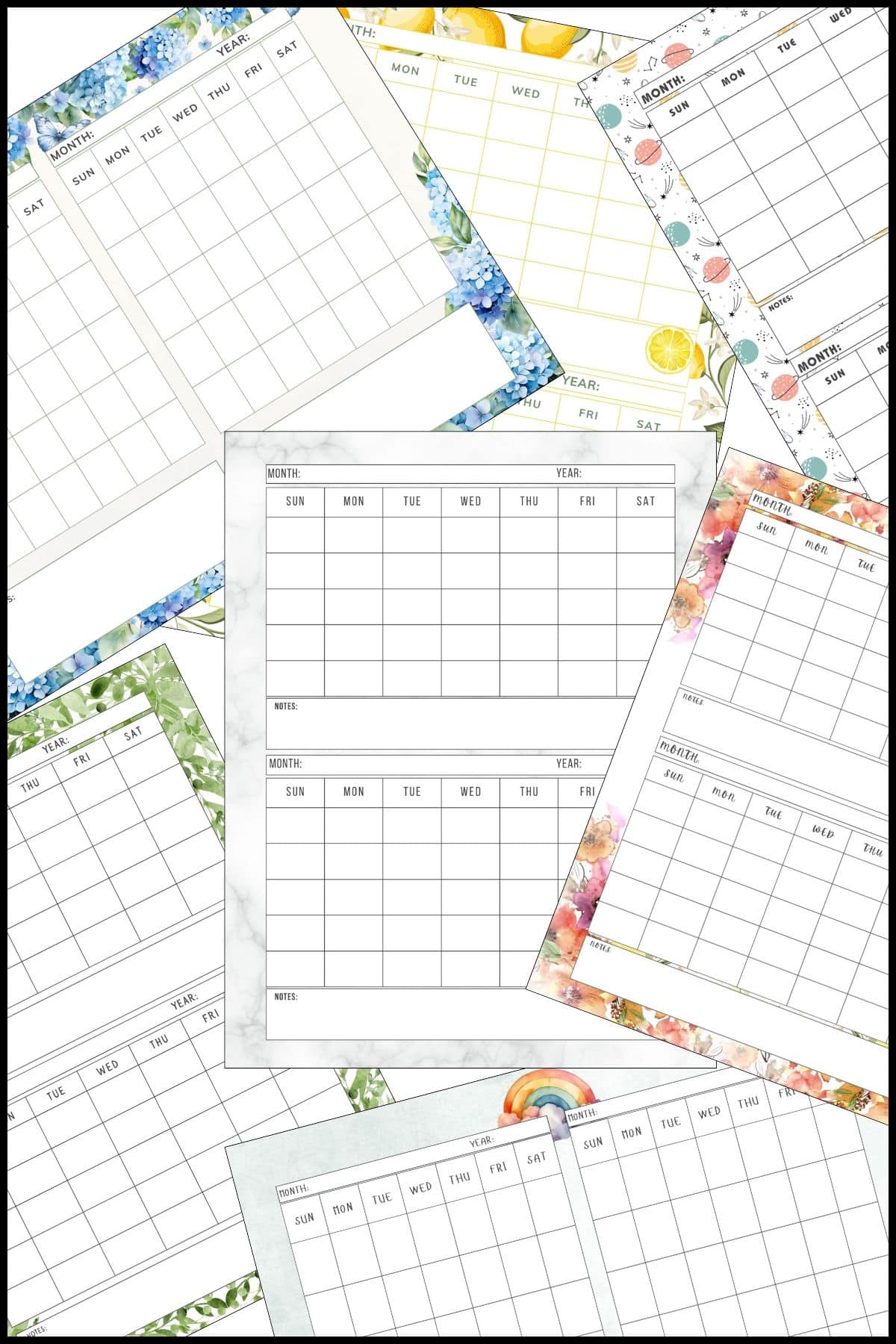 A stack of printable 2 month calendar templates overlapping on one another.