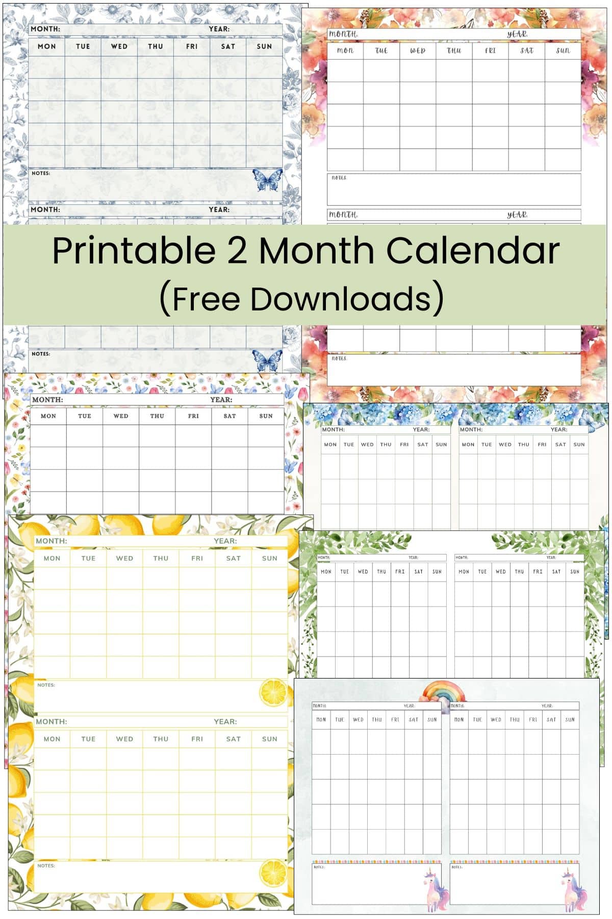 A stack of printable 2 month calendar templates overlapping on one another.