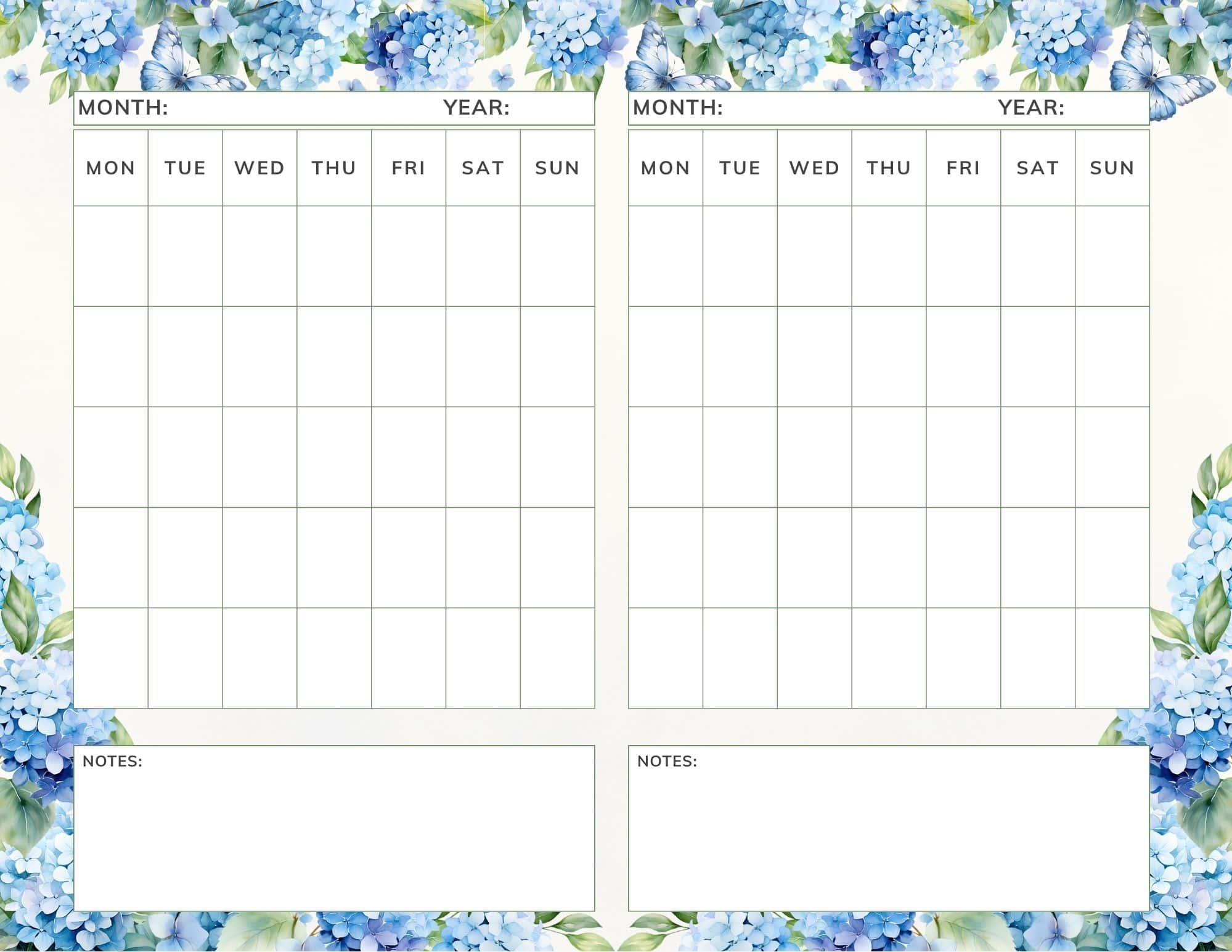 Blue hydrangea themed printable 2 month calendar template.