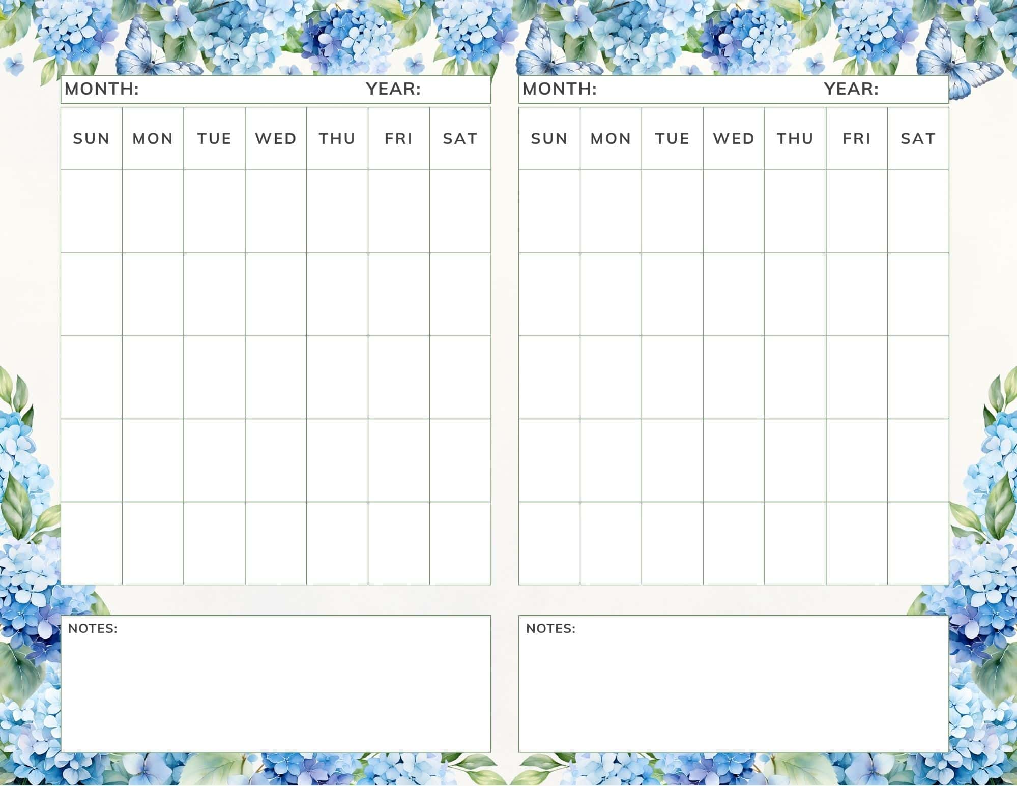 Blue hydrangea themed printable 2 month calendar template.
