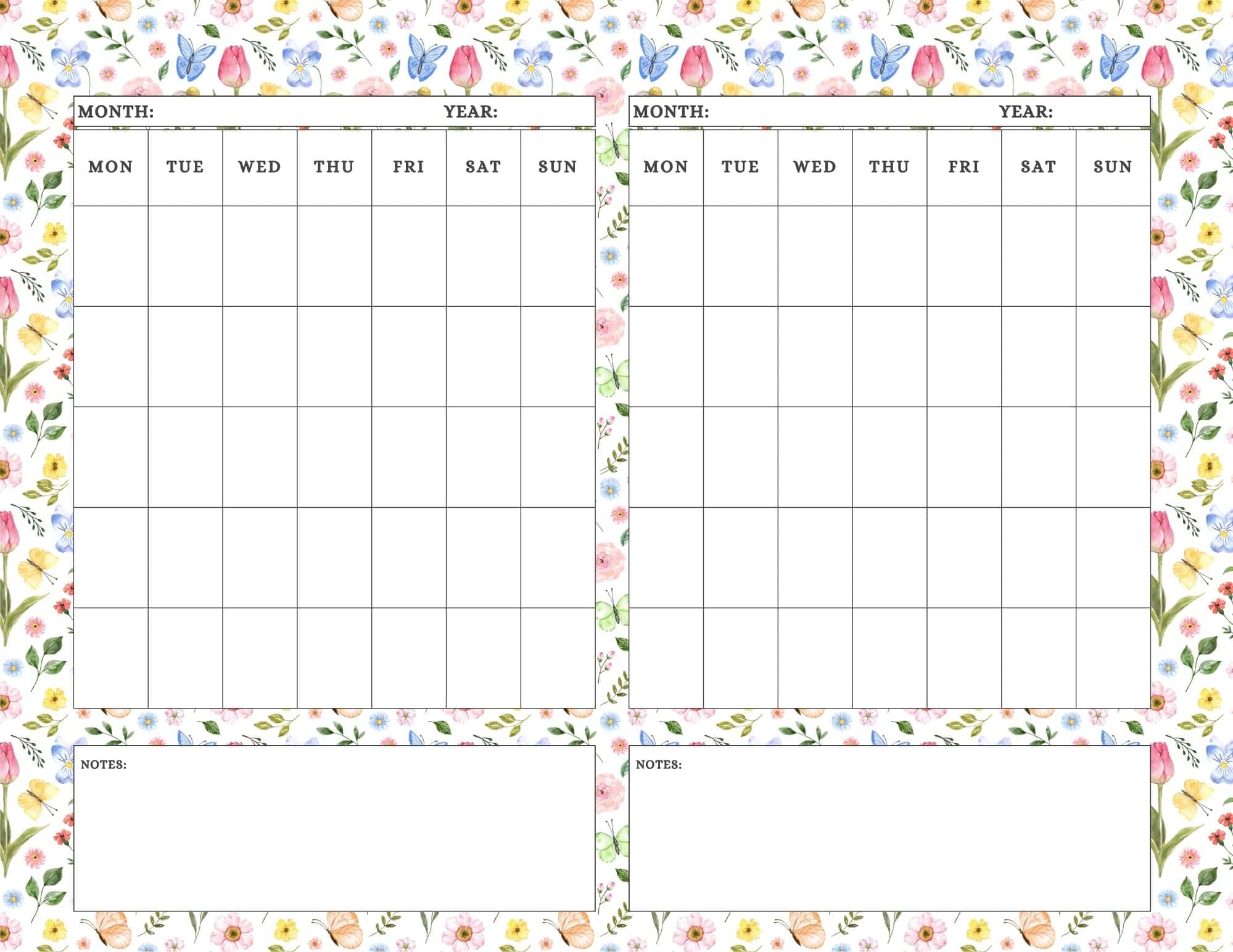 Botanic themed calendar template.