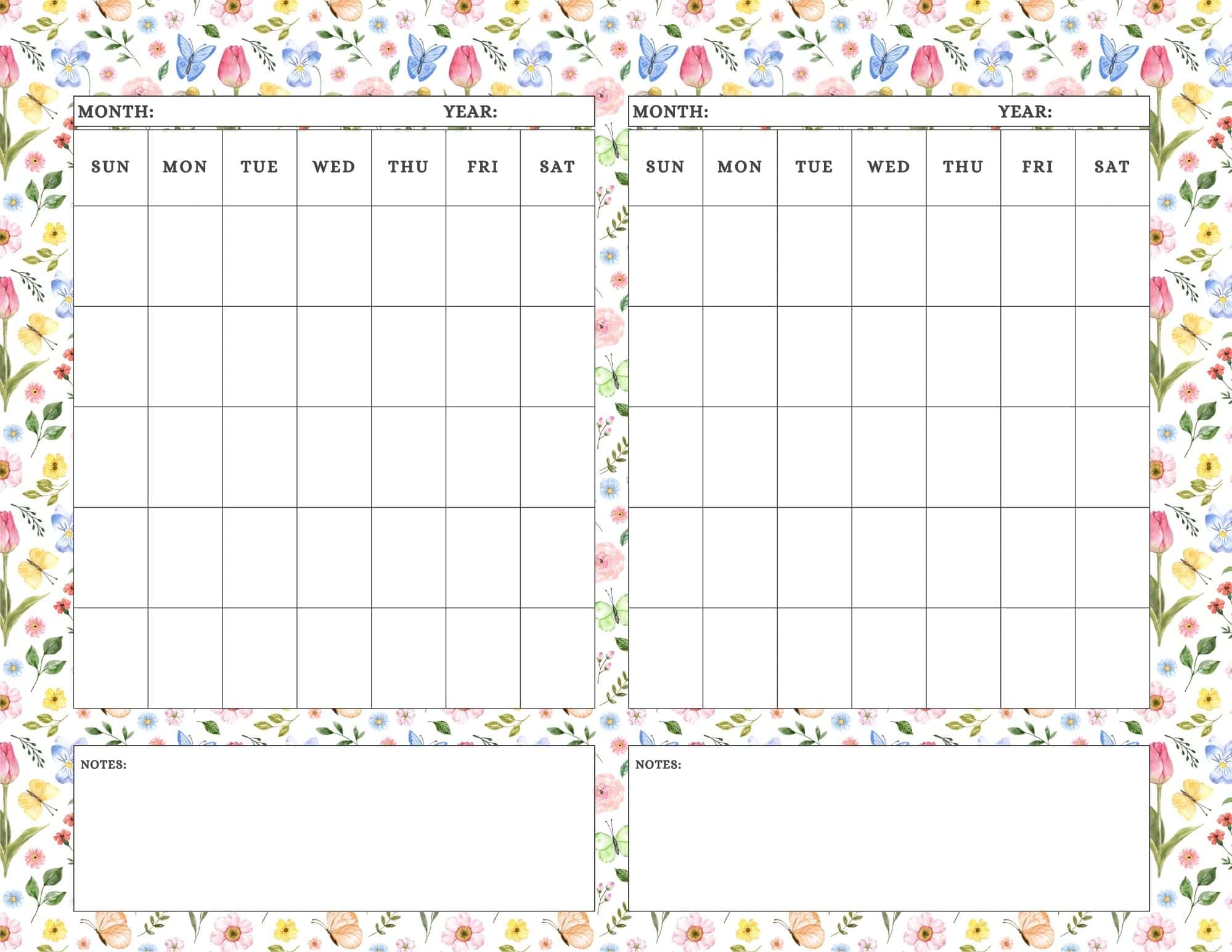 Botanic themed printable 2 month calendar template.