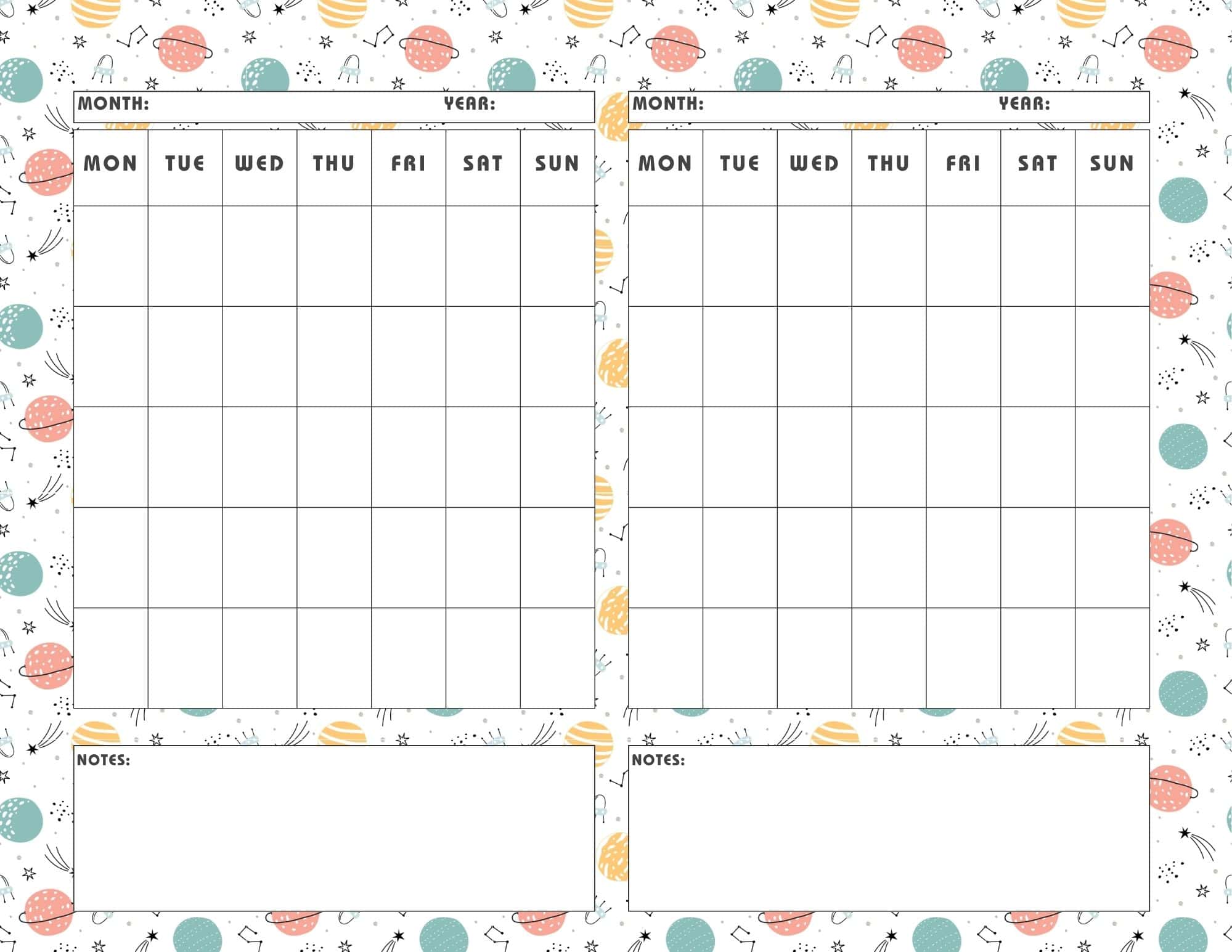 Celestial design printable 2 month calendar template.