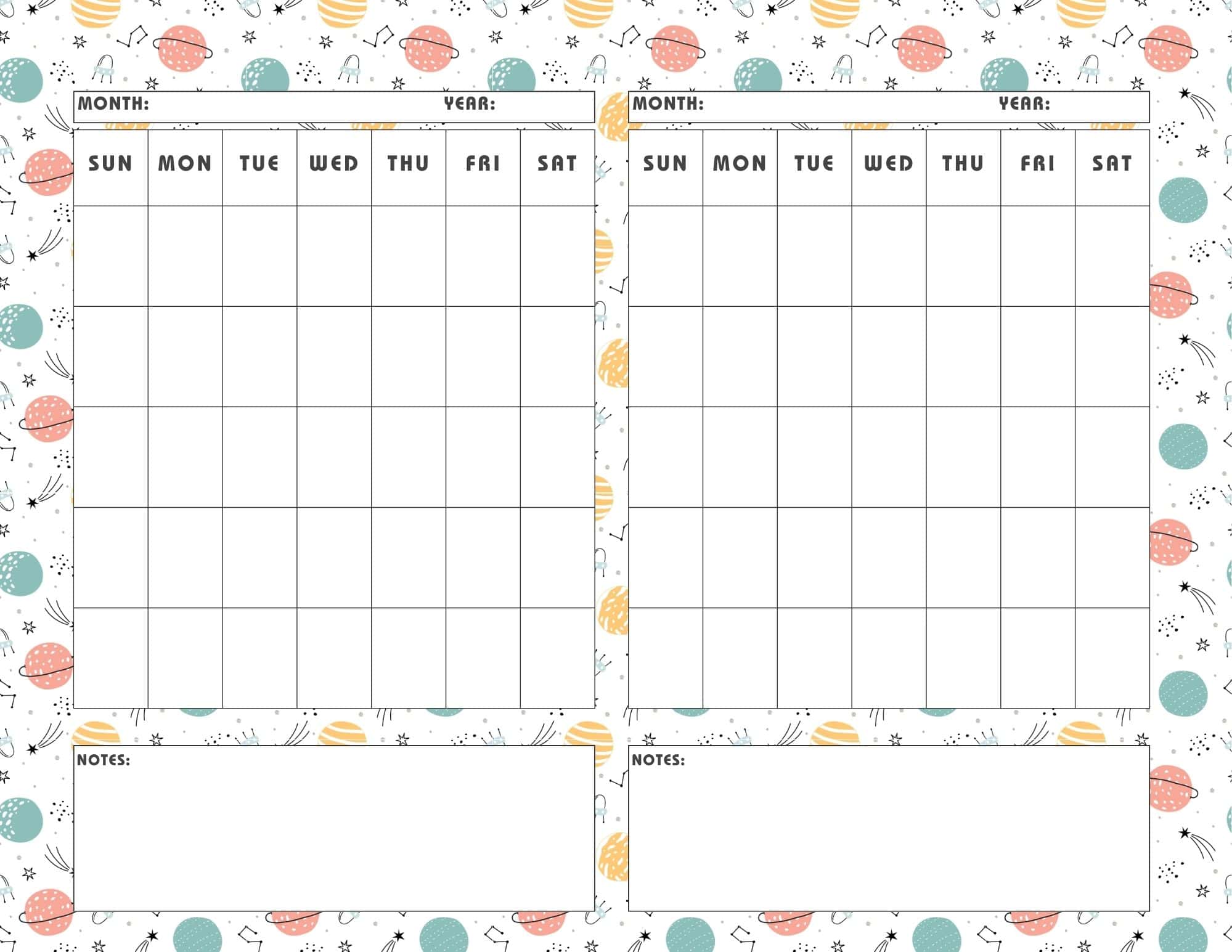 Celestial design printable 2 month calendar template.
