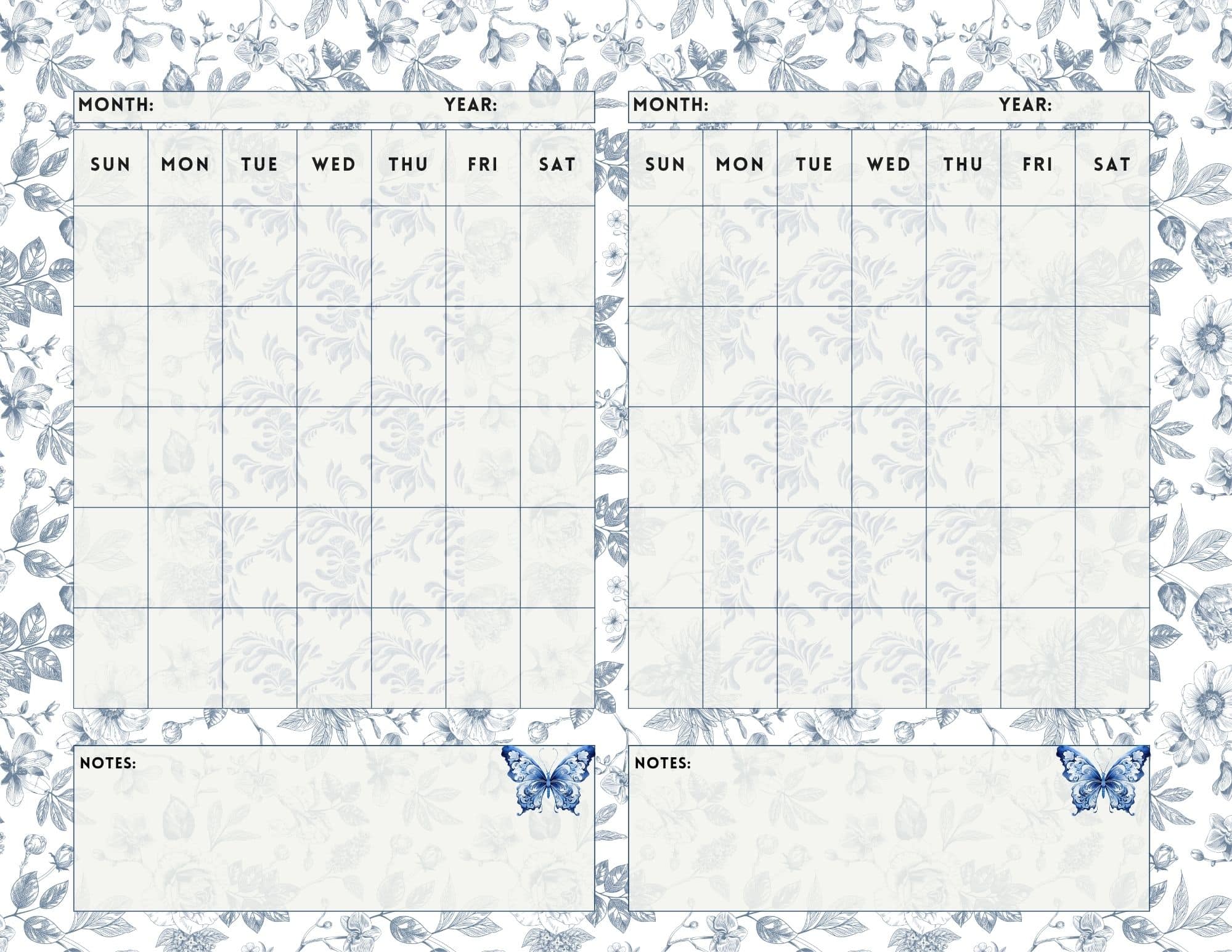 Blue chinoiserie calendar template.