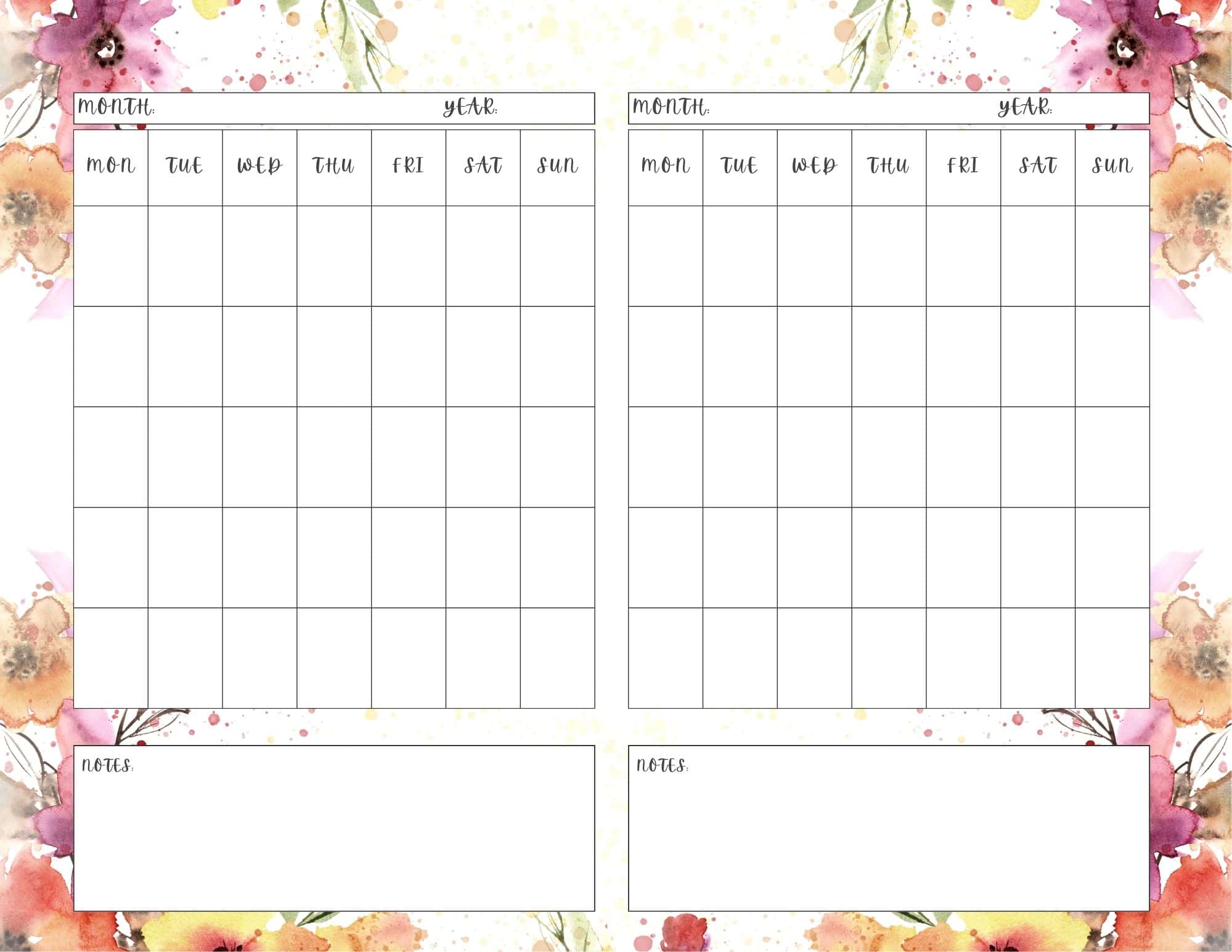 Watercolor flowers printable 2 month calendar template.