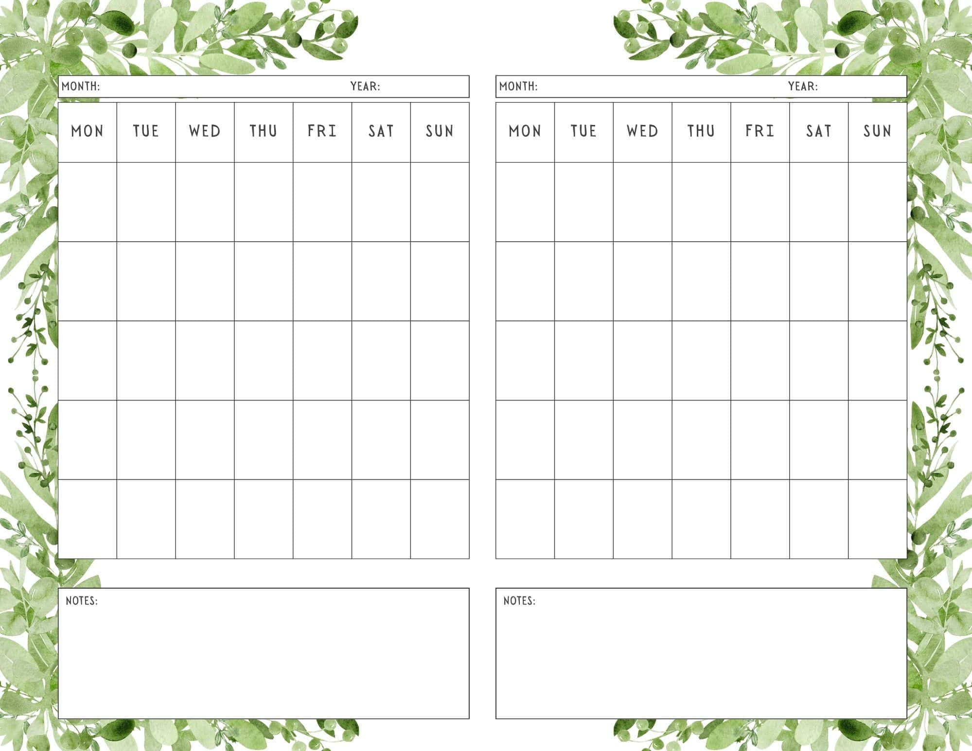 Leaves themed printable 2 month calendar template.