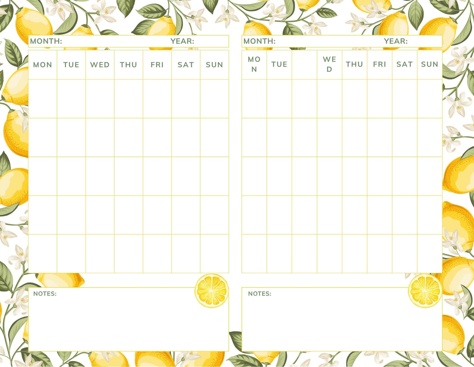Lemons background printable 2 month calendar template.