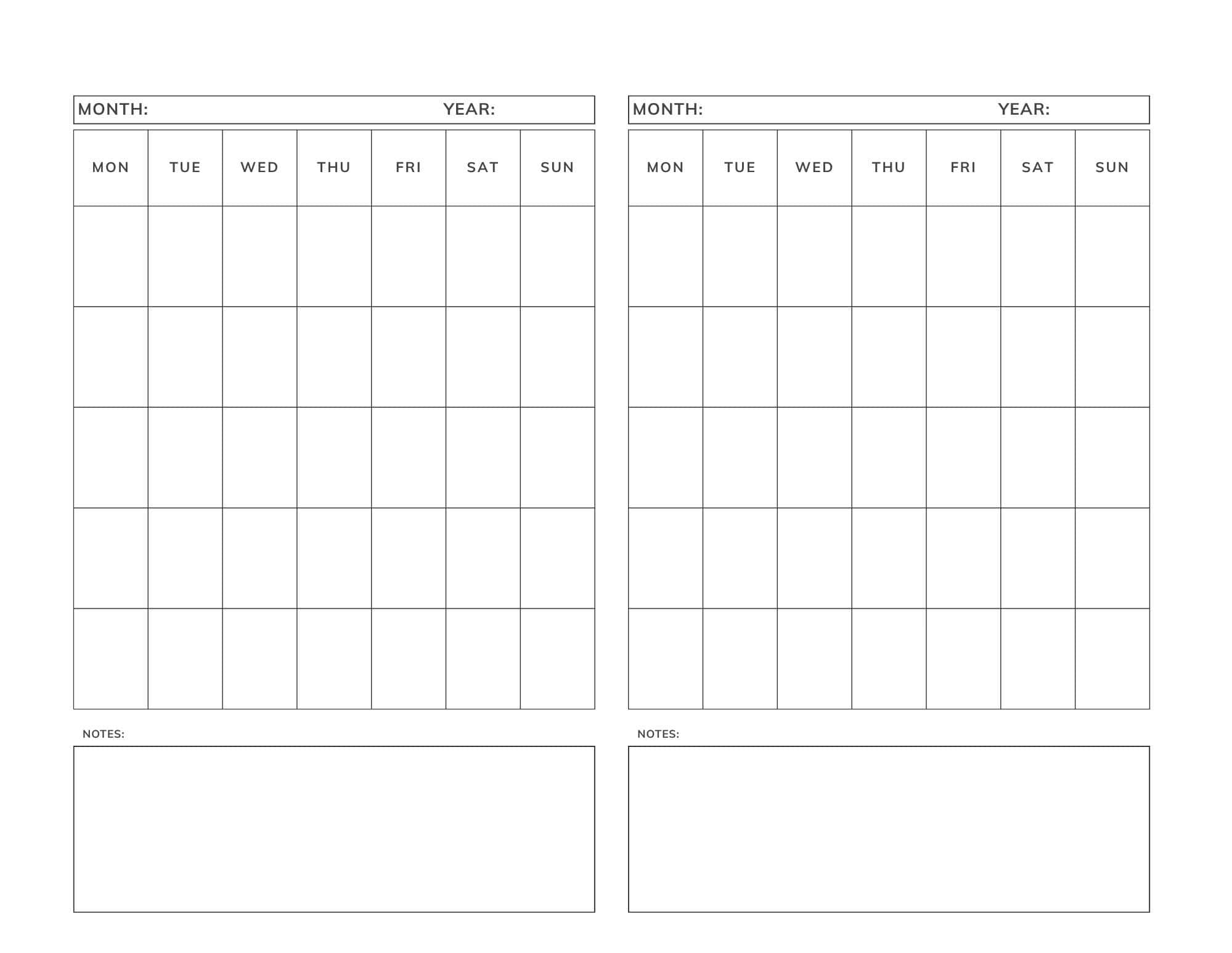 Minimalist printable 2 month calendar template.