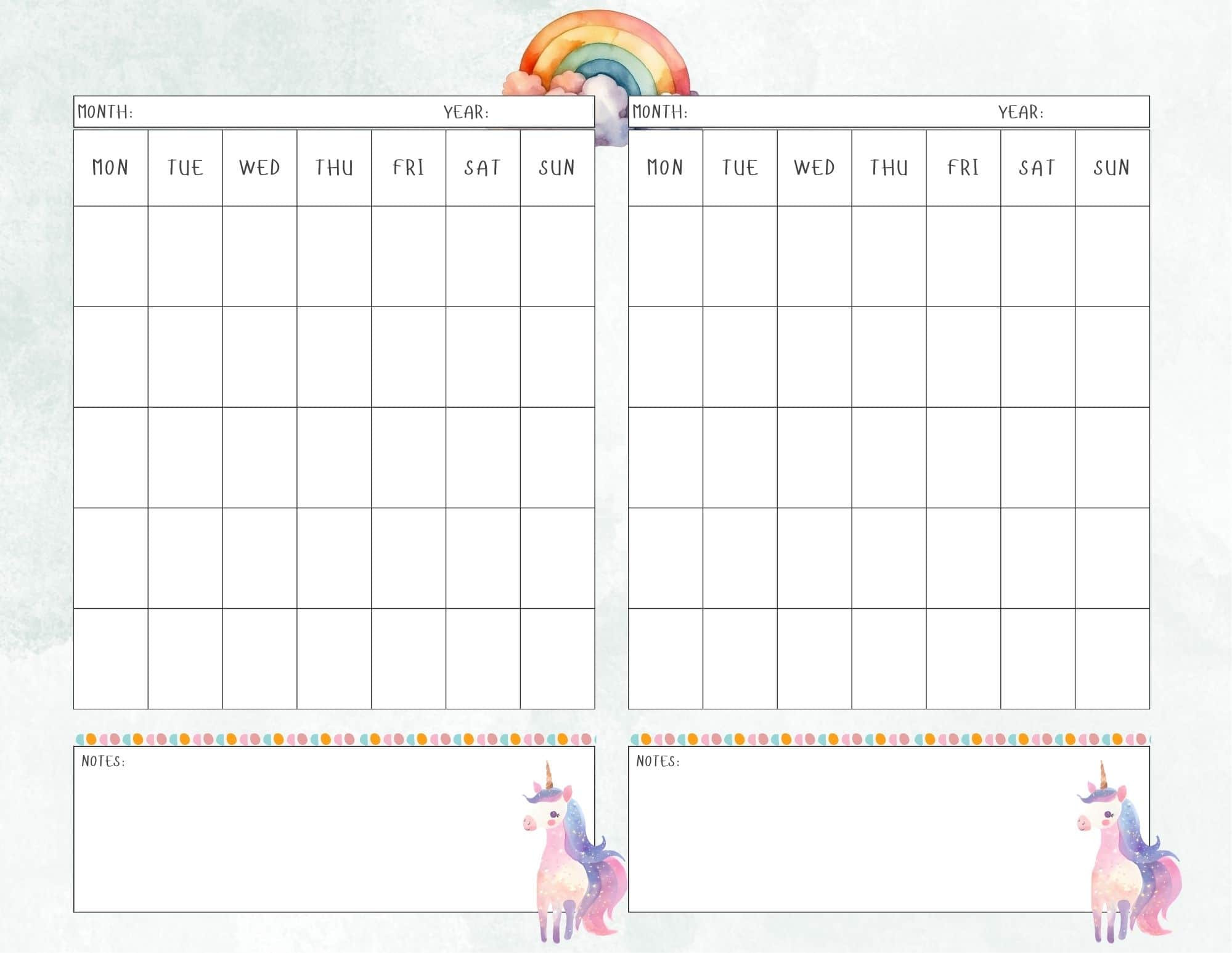 Rainbow and unicorn themed 2 month calendar template.